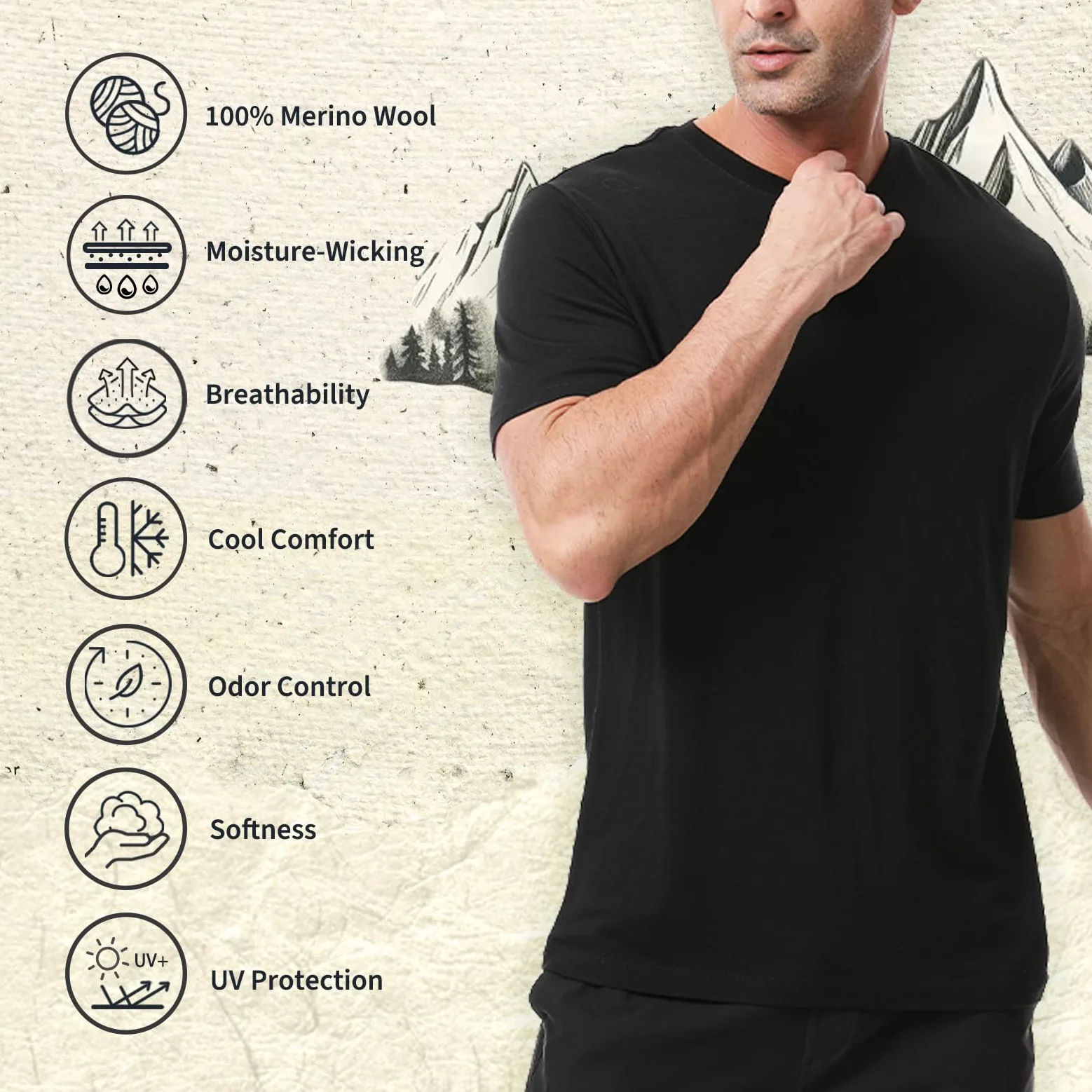 Merino Protect - Camiseta para hombre, 100% lana merino, resistente a los olores, capa base para senderismo, viajes, camiseta de cuerpo suave