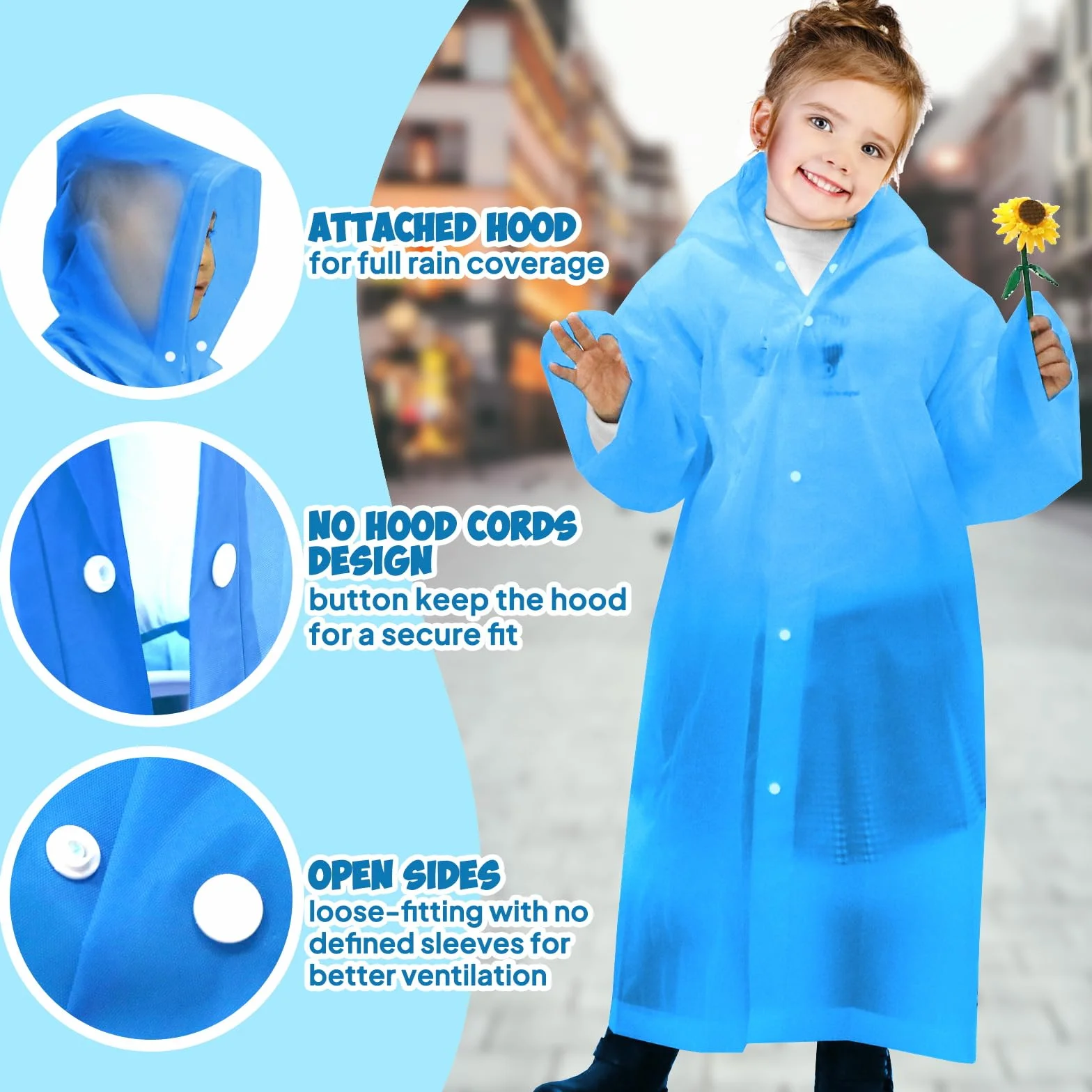 ANYOO Poncho de lluvia para niños con capucha, impermeable, ligero, reutilizable, para niños y niñas, para viajes de al aire libre, 110-150