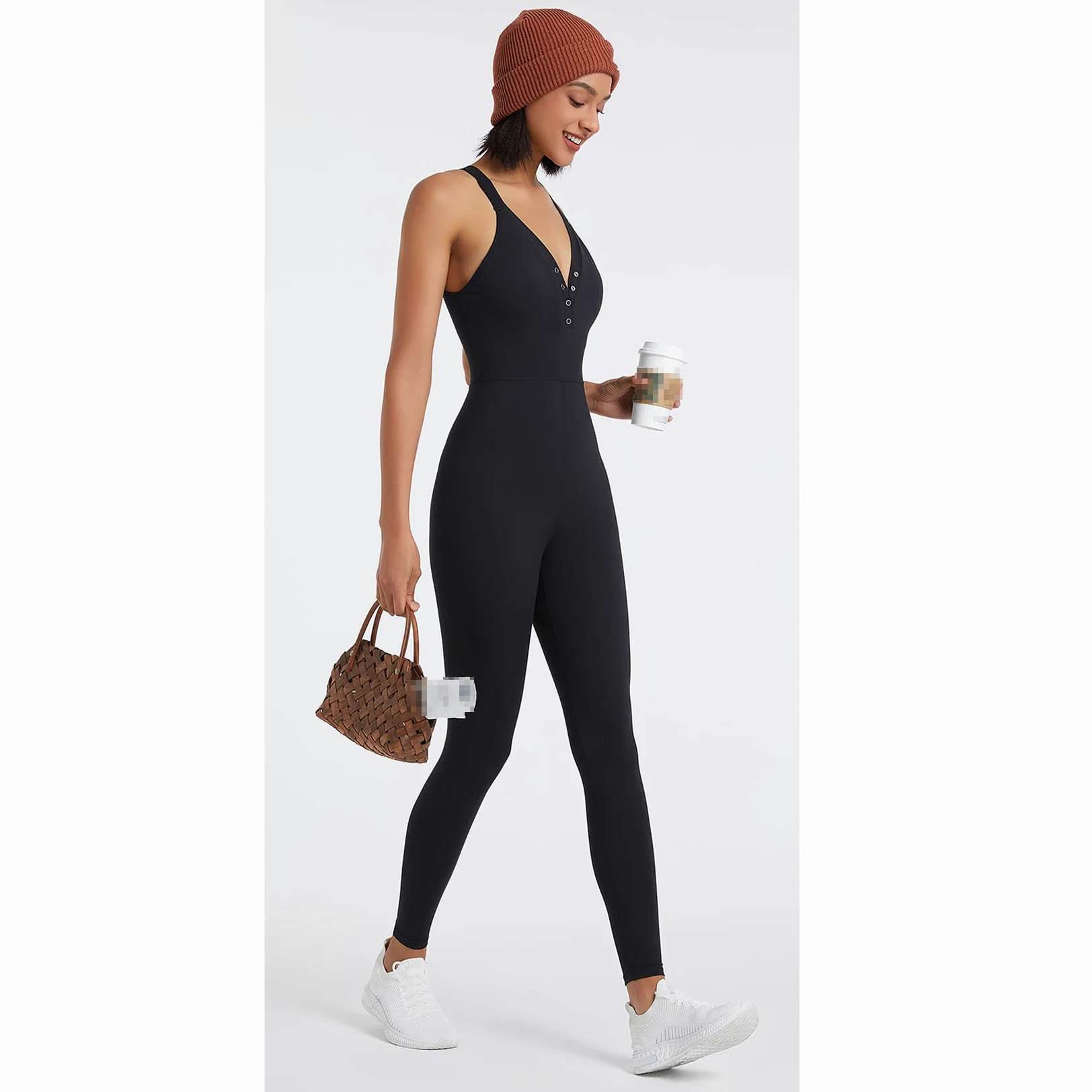 Mono deportivo de yoga de una pieza para mujer negro,Mono sin mangas con escote en V y espalda de belleza,Ropa de gimnasio todo en uno,Jumpsuit Estiramiento transpirable