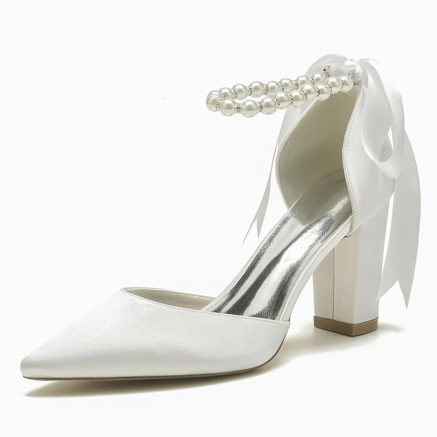 Zapatos tacón Alto para Novia, para Boda, para Mujer,Elegantes, con Punta Puntiaguda, Lazo satén, Perla,para Fiesta graduación,cómodas Sandalias de Baile con tacón Grueso