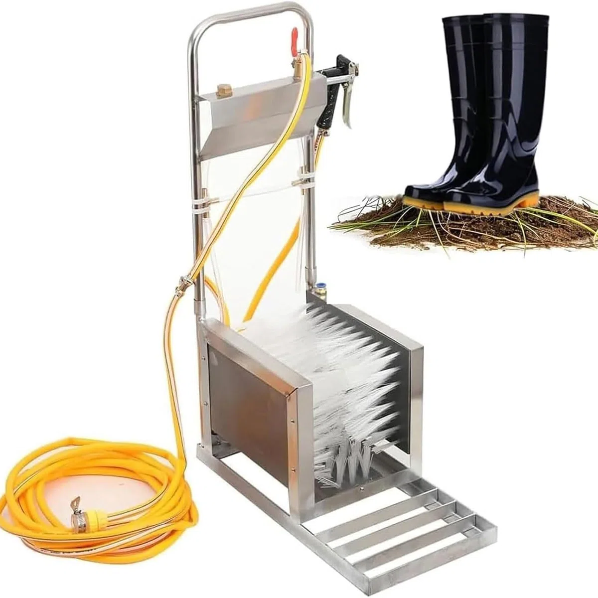 Limpiador de botas de acero inoxidable 360° con spray de agua, limpiador de zapatos, removedor de barro para granja, jardín al aire libre