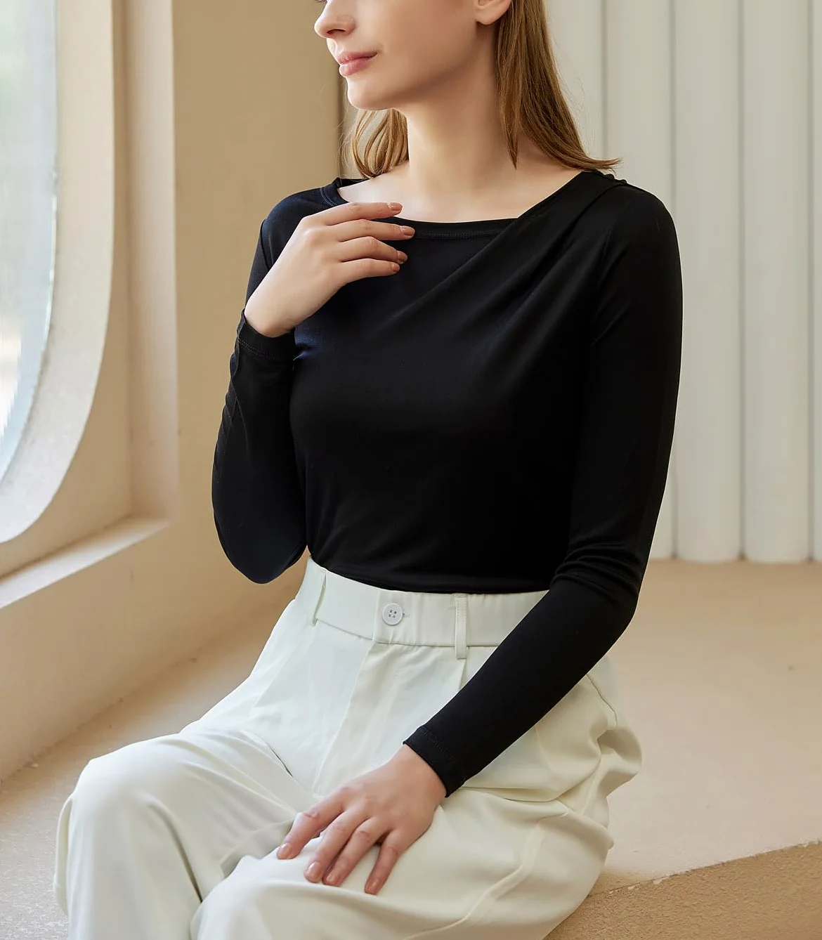 Camiseta de seda de manga larga para mujer, camiseta de seda pura, transpirable, térmica, ultra suave
