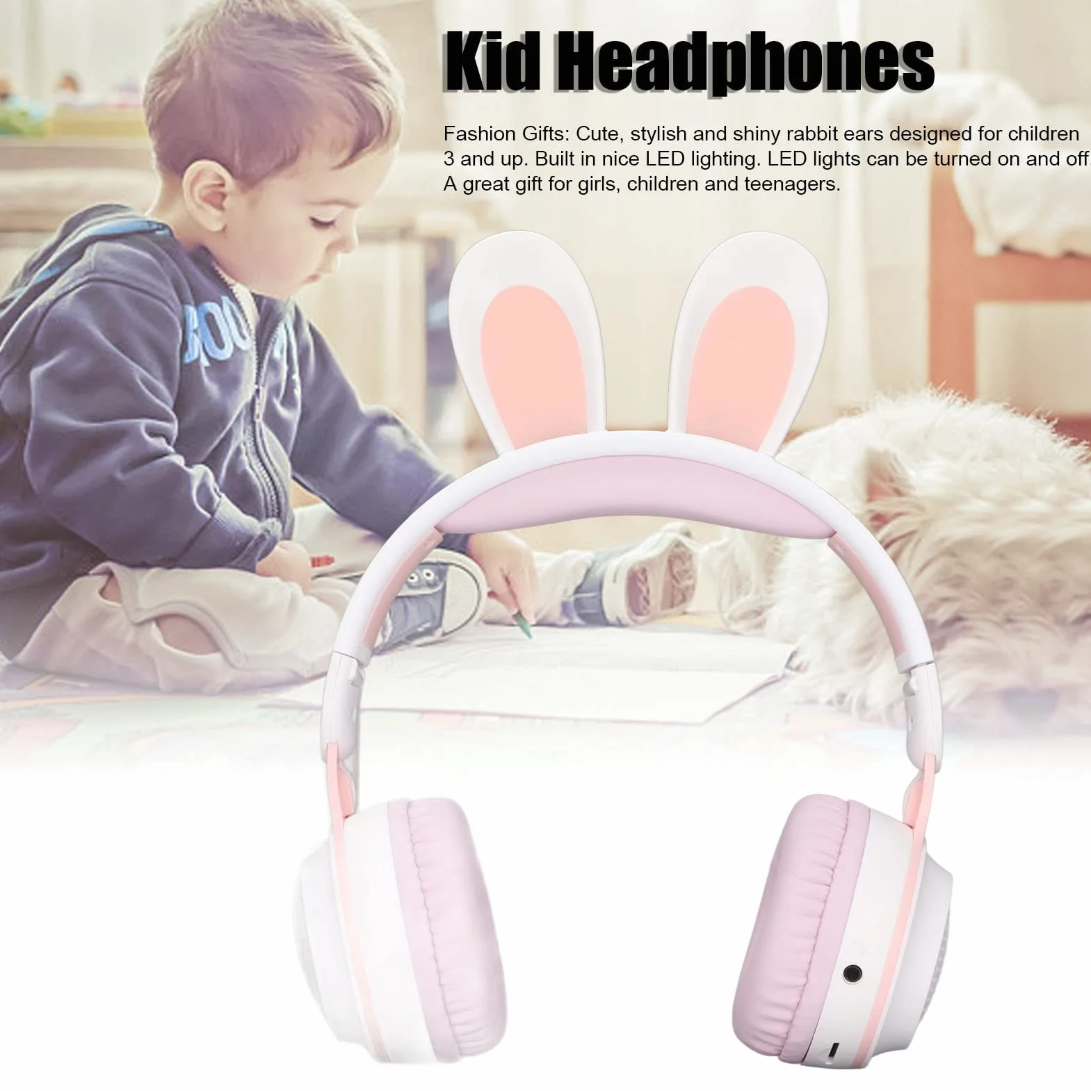 Yunseity Auriculares para Niños, Auriculares Bluetooth 5.0 con Oreja de Conejo, Auriculares Inalámbricos Plegables con Luz LED sobre la Oreja, Soporte TF/AUX, Regalos para Niños, Niños(Polvo Blanco)