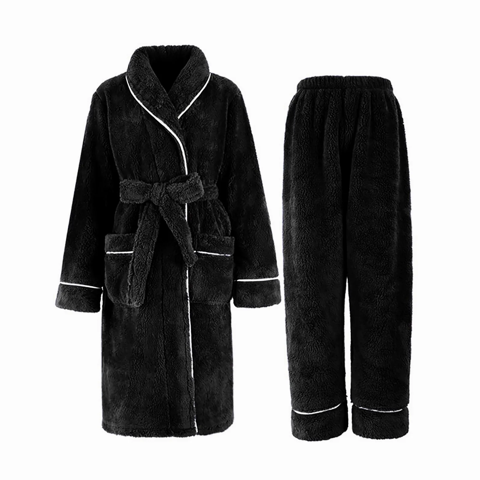 Bata de baño de forro polar con cuello chal para mujer, bata larga de felpa con pantalones largos, conjunto de ropa de dormir gruesa y cálida, ropa de dormir para mujer, abrigo largo