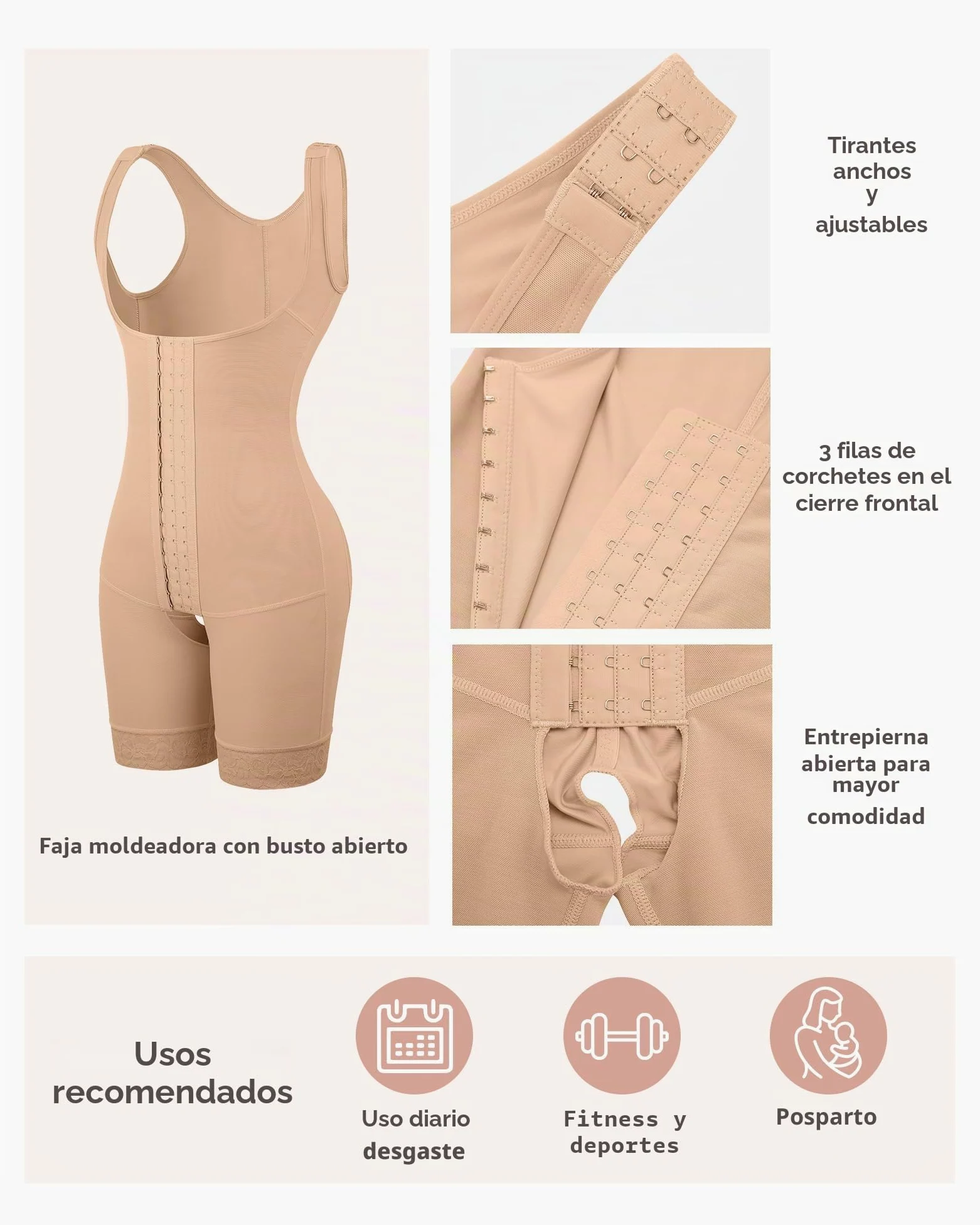 FeelinGirl Fajas Reductoras Mujer Fajas Abdomen Chaleco Corsé Abdominal Pantalones Moldeadores Cierre de Ganchos de 3 Filas con Tirantes Anchos Ajustables