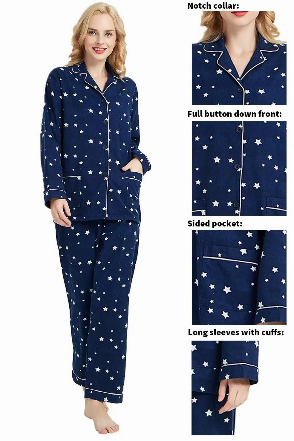 GLOBAL Pijamas Mujer Franela, Pijamas Algodon Mujer Largos, Conjunto de Pijama Suave y Cómodo, Camisones Mujer Botones, Cintura Elástica Ajustable，Regalo Mujeres,