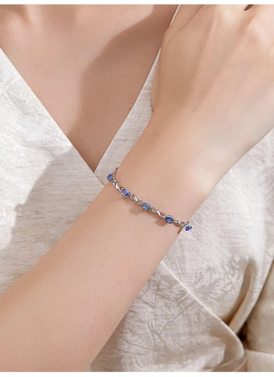 Pulseras de zafiro para mujer, infinito con zafiro, pulseras de oro blanco de 14 quilates para mujer, 20 + 3 cm