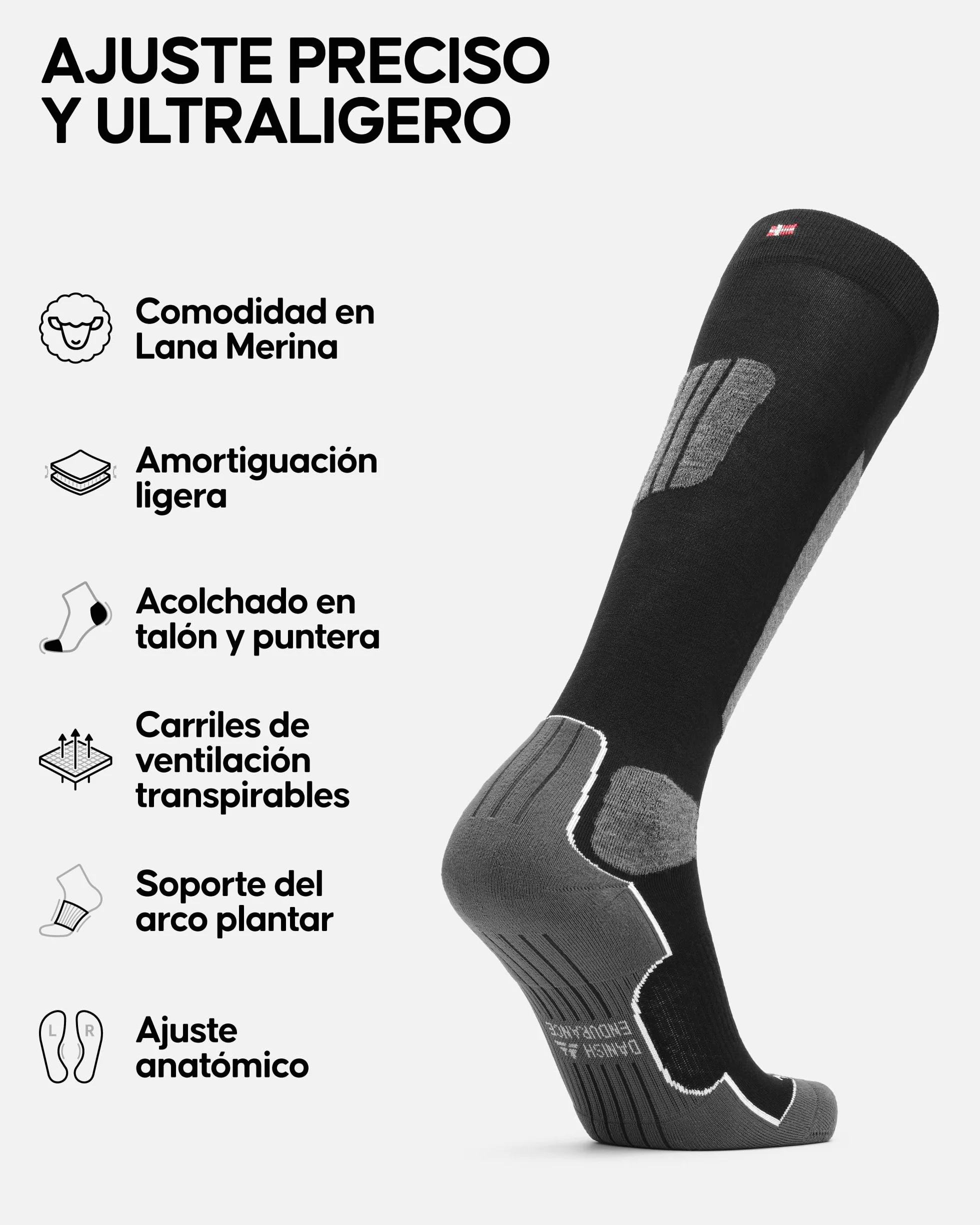 DANISH ENDURANCE Calcetines Esquí Lana Merino, Calcetines Térmicos de Invierno, Hombre y Mujer, Acolchado Ligero y Ajuste Anatómico