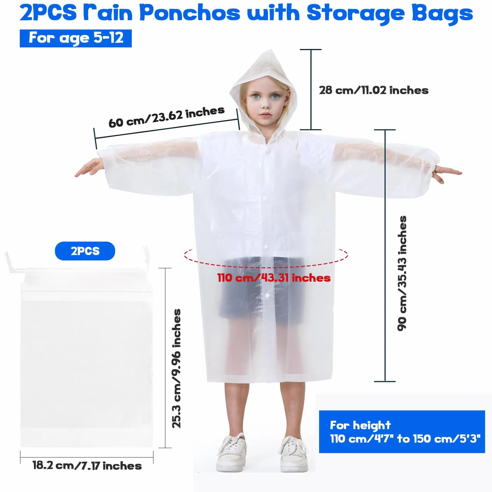2Pcs Chubasquero Transparente de Niños Reutilizable, Capa Impermeable de Niños Portátil, Poncho de Lluvia de Goma EVA de Niños con 2 Bolsas con Cordón para Niños y Niñas de 5 a 12 años