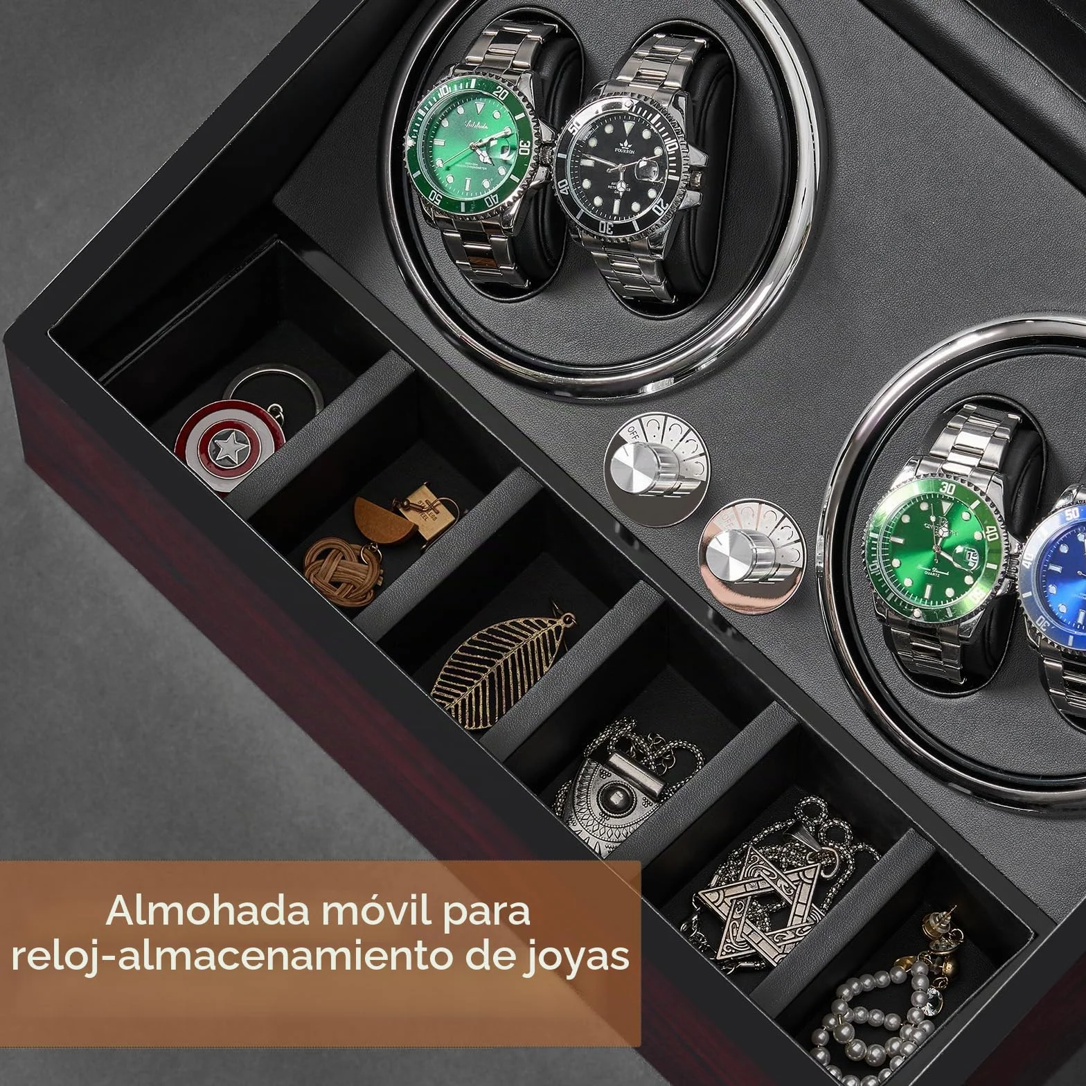 ANWBROAD Enrollador para Relojes Automáticos Caja Giratoria Automática con 4+6 Compartimentos para Relojes y Joyas Silencioso Watch Winder con LED & Motor Mabuchi & 4 Modos JWW002Y