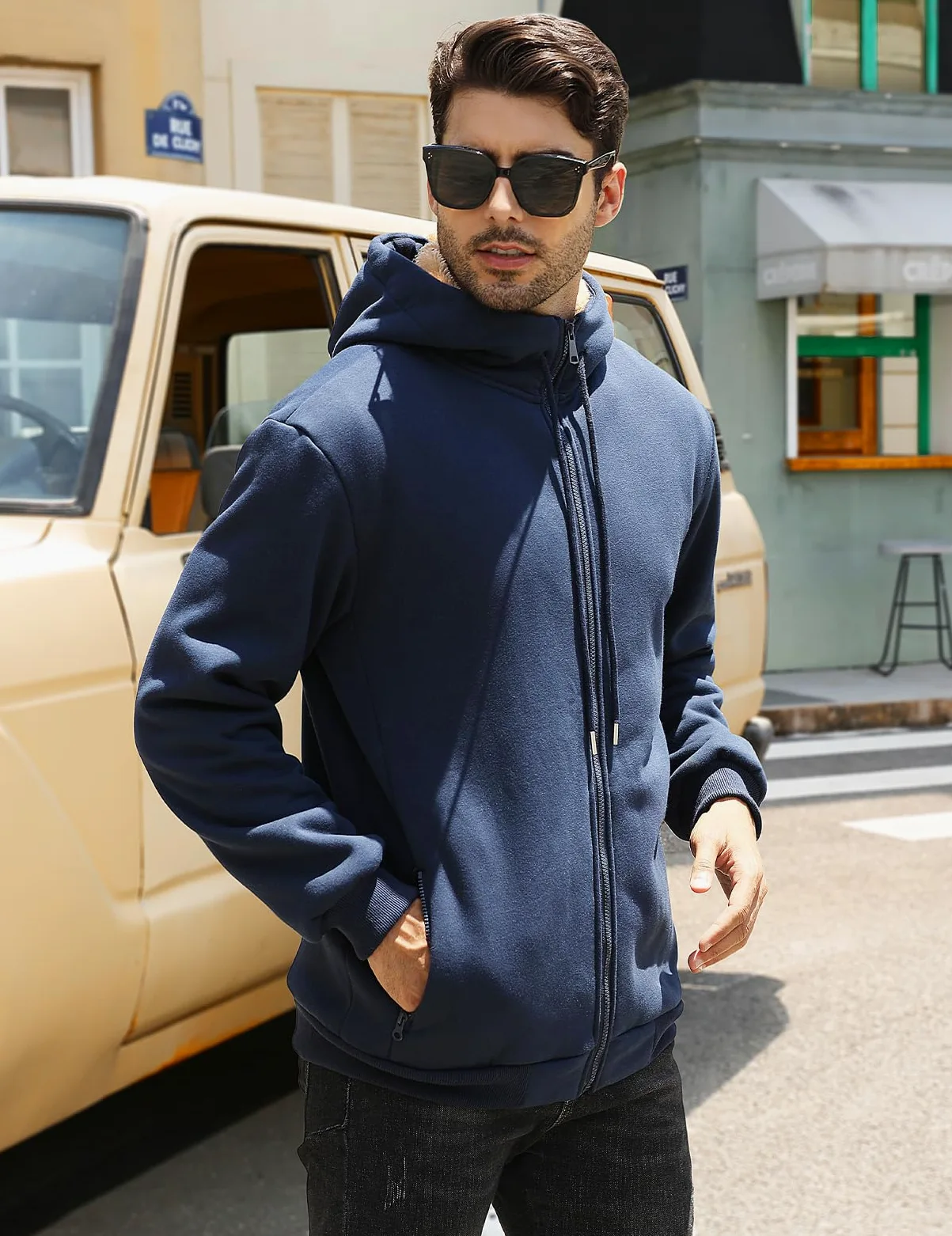 Sudadera con Capucha Hombre con Forro Polar Invierno Chaqueta Sudadera de Cremallera Completa Cómoda Manga Larga Informal Cálido Hoodie Abrigo con Bolsillo