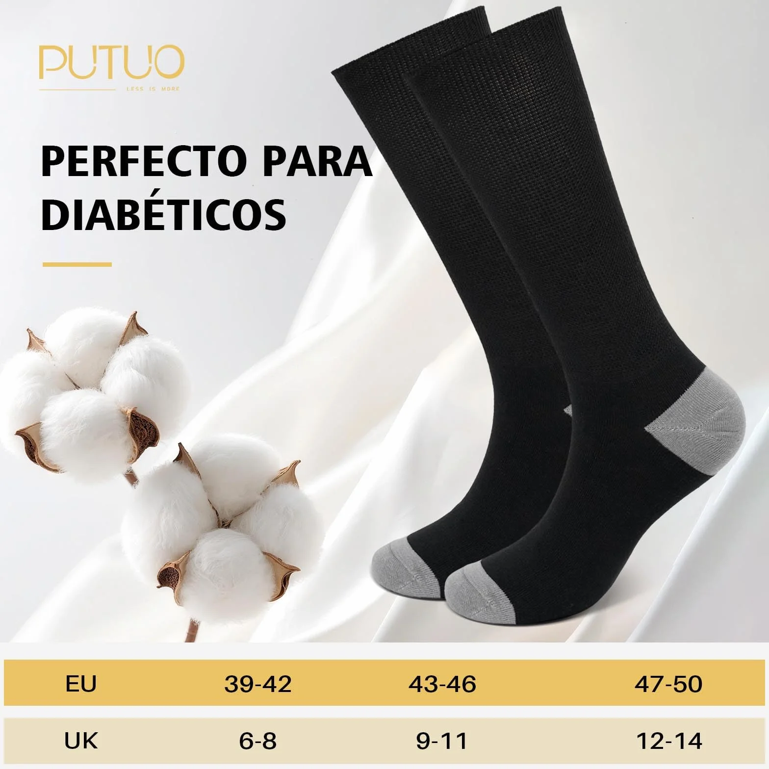 PUTUO Calcetines Diabeticos para Hombre Mujer: Calcetín sin Elastico y sin Costuras de Algodón para Hombres - Calcetines Extra Anchos para Pies Hinchados 6 pares