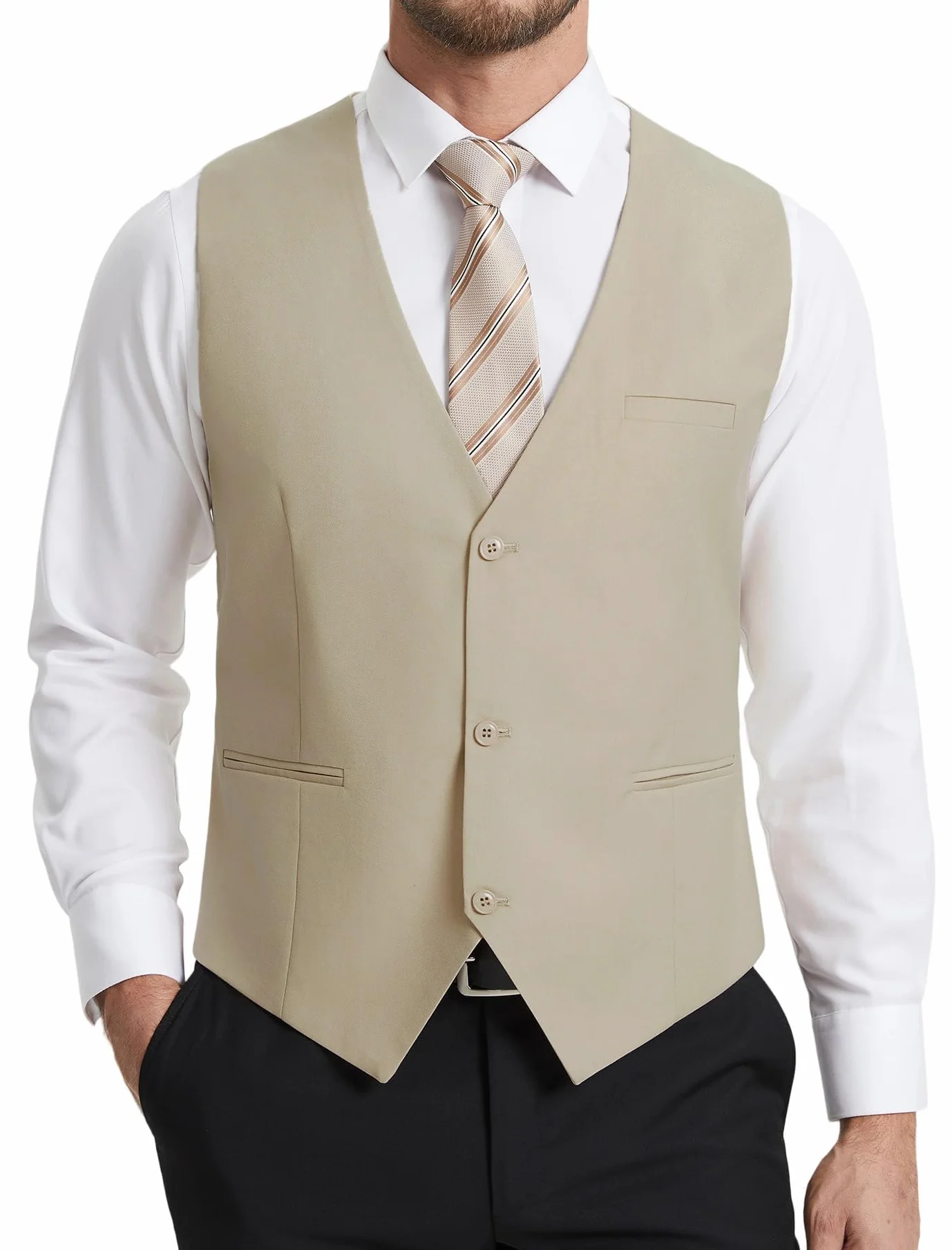 HISDERN Chaleco Traje Hombre Elegante Formal Clásico Color Liso Ajustable 3 Botones Bolsillo Boda Ceremonias S-4XL