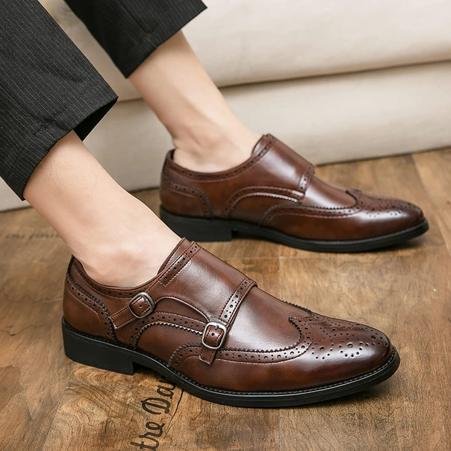MCMUS Zapatos Oxford for Hombre Slip On Double Monk Strap Brogue Punta de ala en Relieve Faux Leather Block Heel Anti-Slip Suela de Goma Low Top Casual Adecuado para Muchas Ocasiones