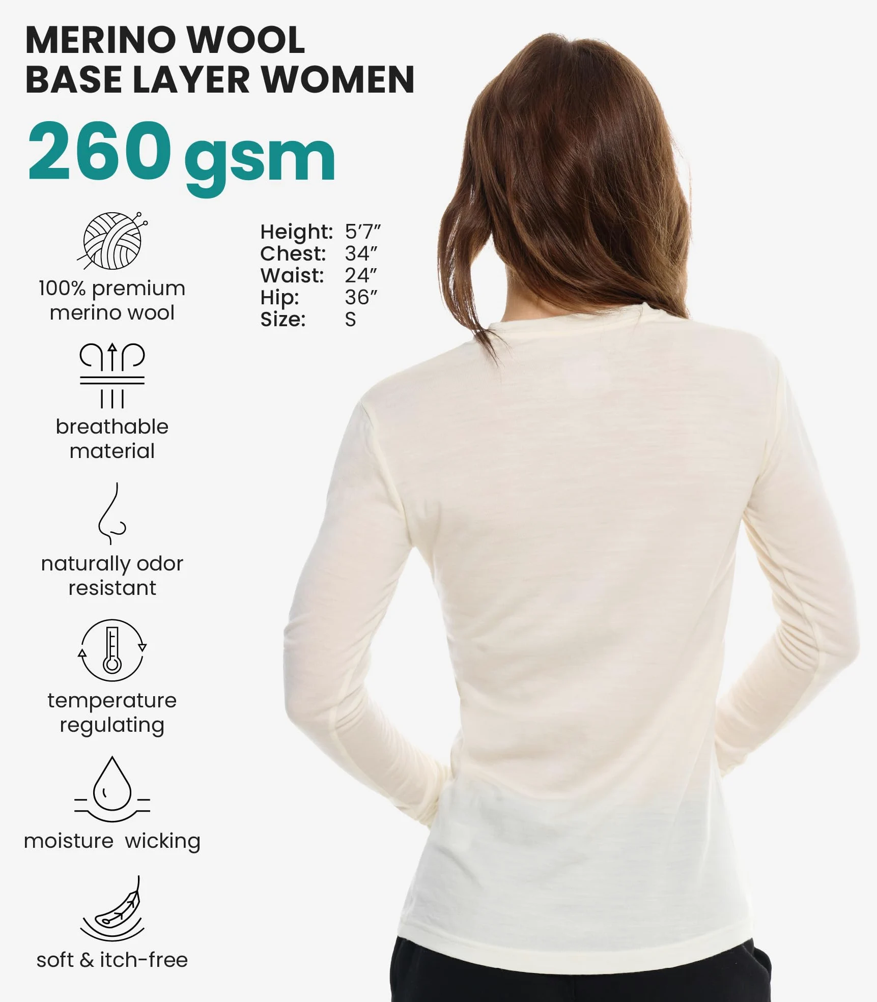 Merino.tech Сamisetas Mujer Manga Larga - 100% Lana Merino Ropa Termica (Large, 190 Creamy Scoop)
