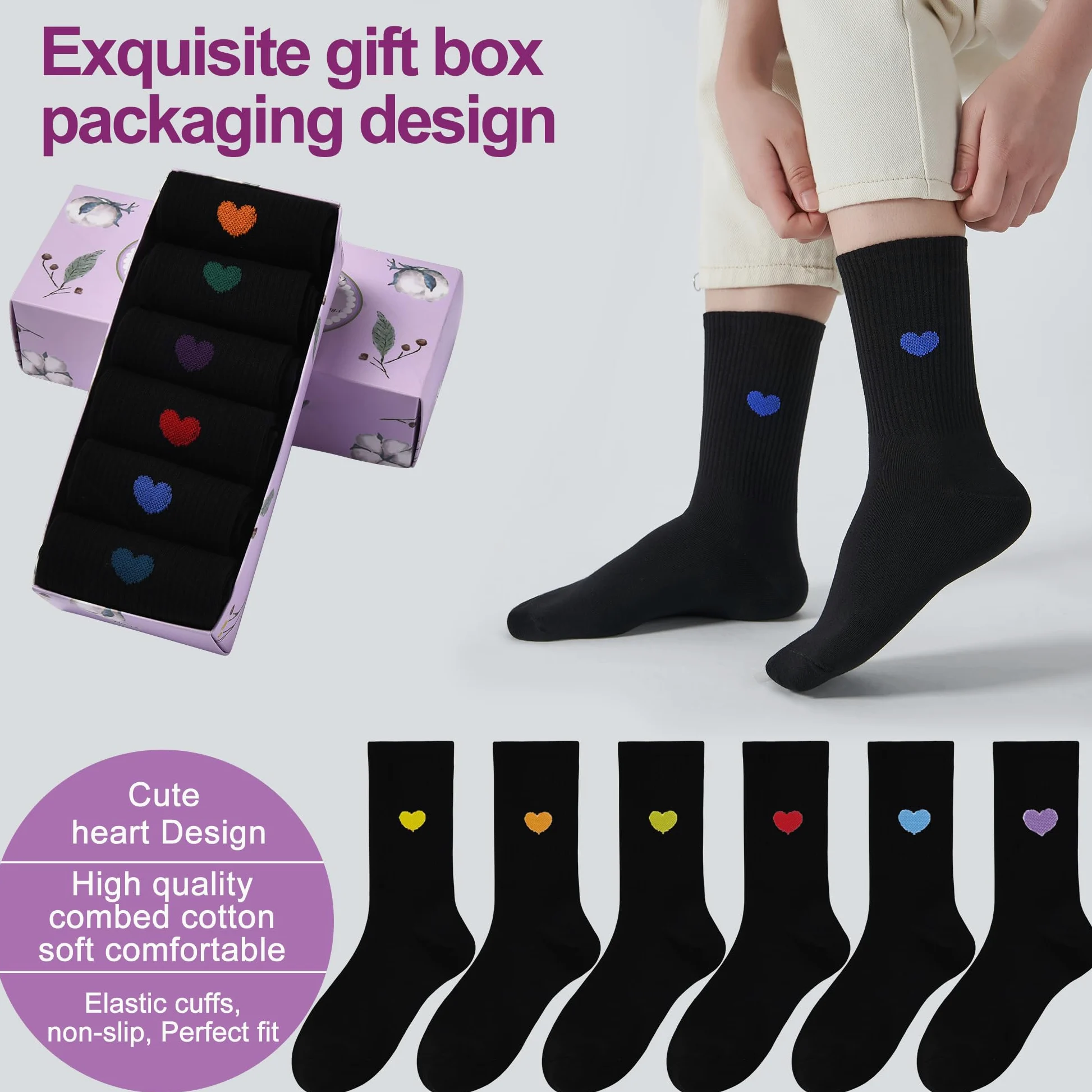 inhees Calcetines tobilleros para mujer, diseño de corazón, de algodón, informales, atléticos, para correr, 6 pares con caja de regalo