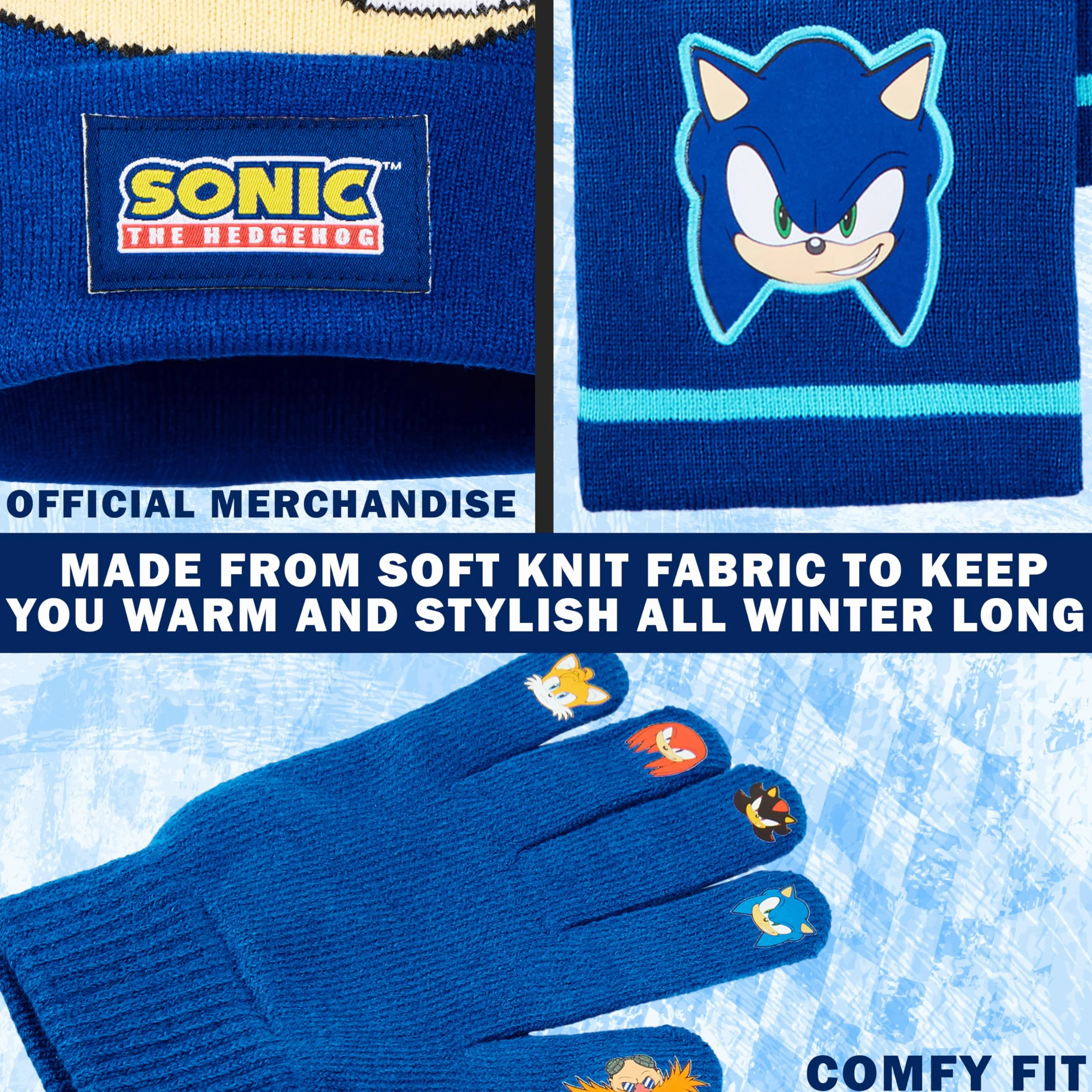 Get Trend SONIC THE HEDGEHOG Conjunto Bufanda Gorro y Guantes Niño, Accesorios de Invierno Cálido para Fans, Regalo para Gamers