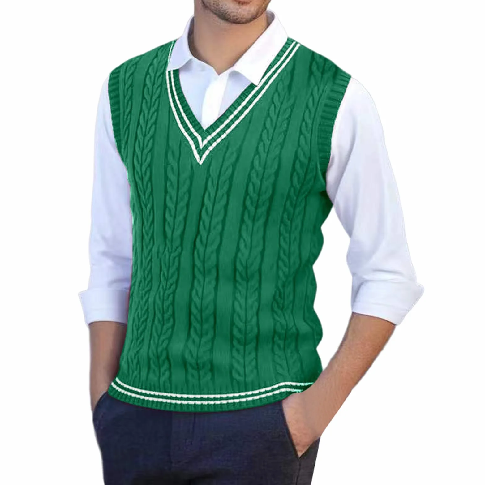 2025 Chaleco de suéter para hombre, ajuste estrecho, casual, tejido, sin mangas, cálido, para el invierno, en capas, elástico, cómodo, ligero, cuello redondo Chaleco Genérico de septiembre, verde, XXL