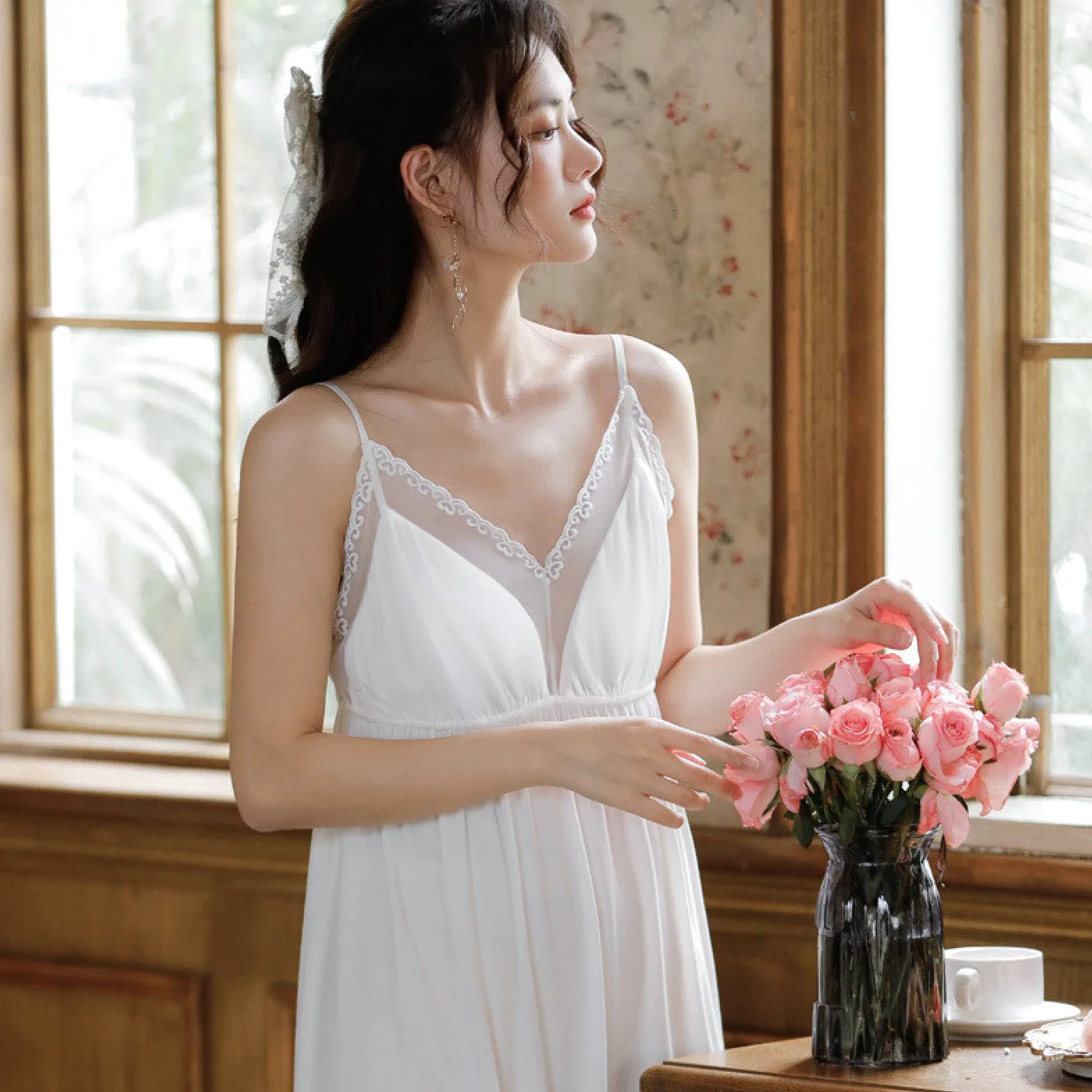 OFFSUM Camisón De Pijama De Mujer - Camisón Sexy De Encaje con Cuello En V De Algodón De Longitud Media Vestido De Verano Sin Mangas con Tirantes Ropa De Casa Ropa De Dormir De Princesa