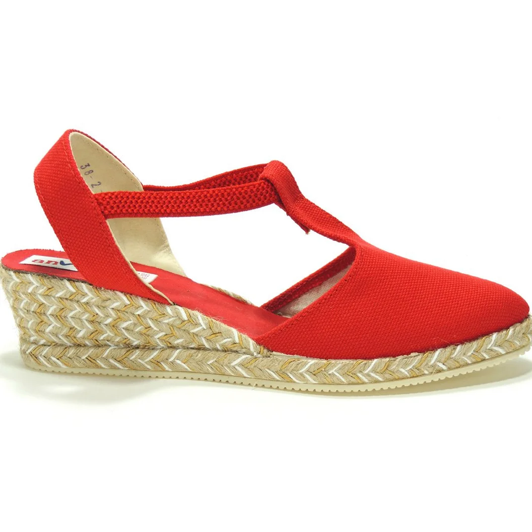 Alpargatas Valencianas Zapatillas para Mujer. Marca ANVESA 419. Cuña de Esparto Cáñamo y Yute - Marca Sevillas - Ajuste con Elástico Rojo Talla 39