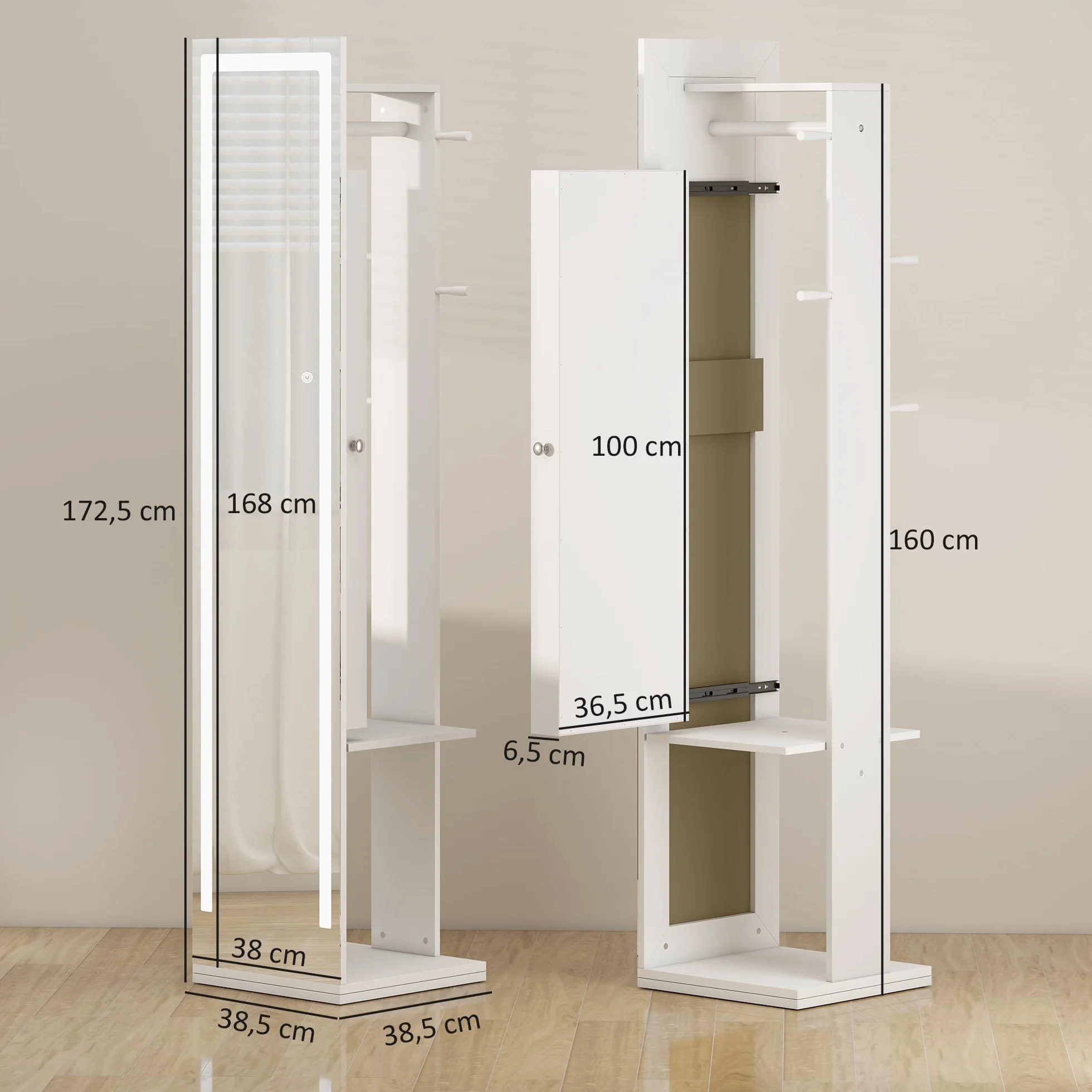 HOMCOM Espejo Joyero con Luces LED, Armario Joyero con Espejo de Cuerpo Entero sin Marco, Armario para Joyas Giratorio 360° con Estantes Abiertos, Perchero y Barras para Colgar, Blanco y Forro Beige