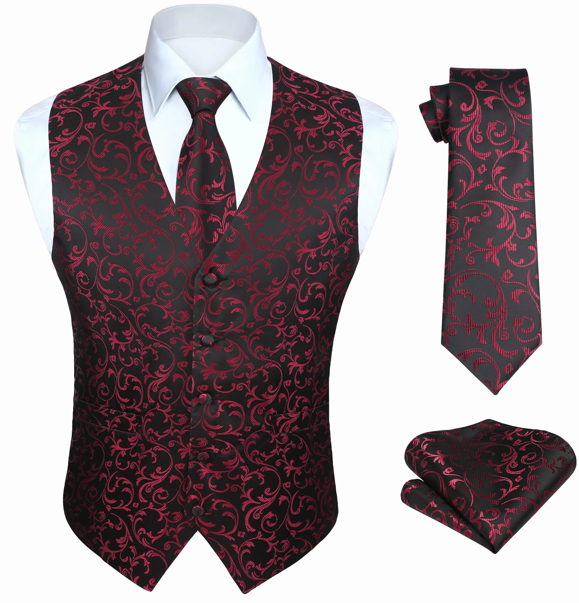Enlision Chaleco de Vestir Hombre Boda Jacquard Paisley con Corbata y Pañuelo