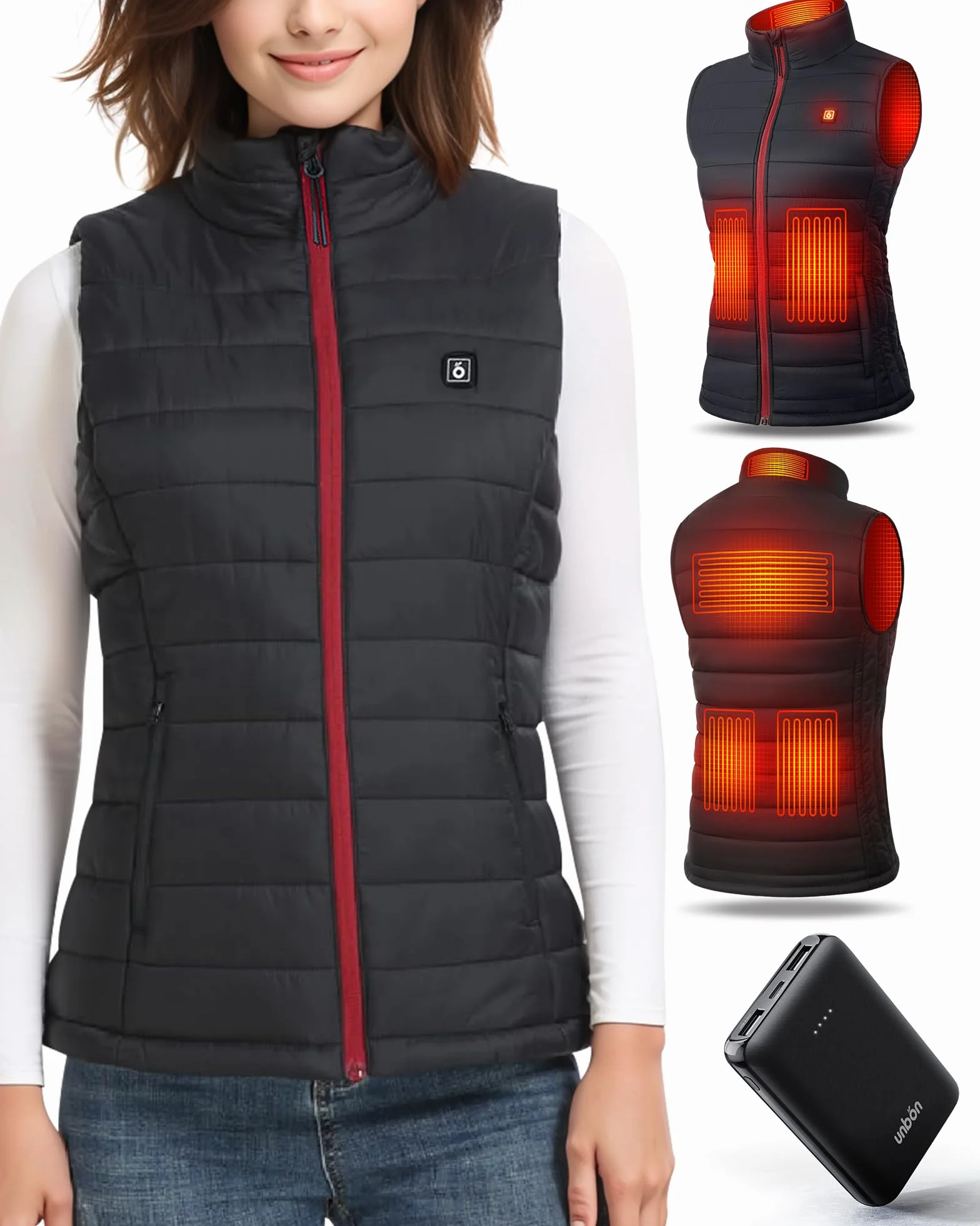 Chaleco Calefactable Mujer con Batería USB 10000mAh, 3 Temperaturas 6 Zonas de Calor para Moto Caza
