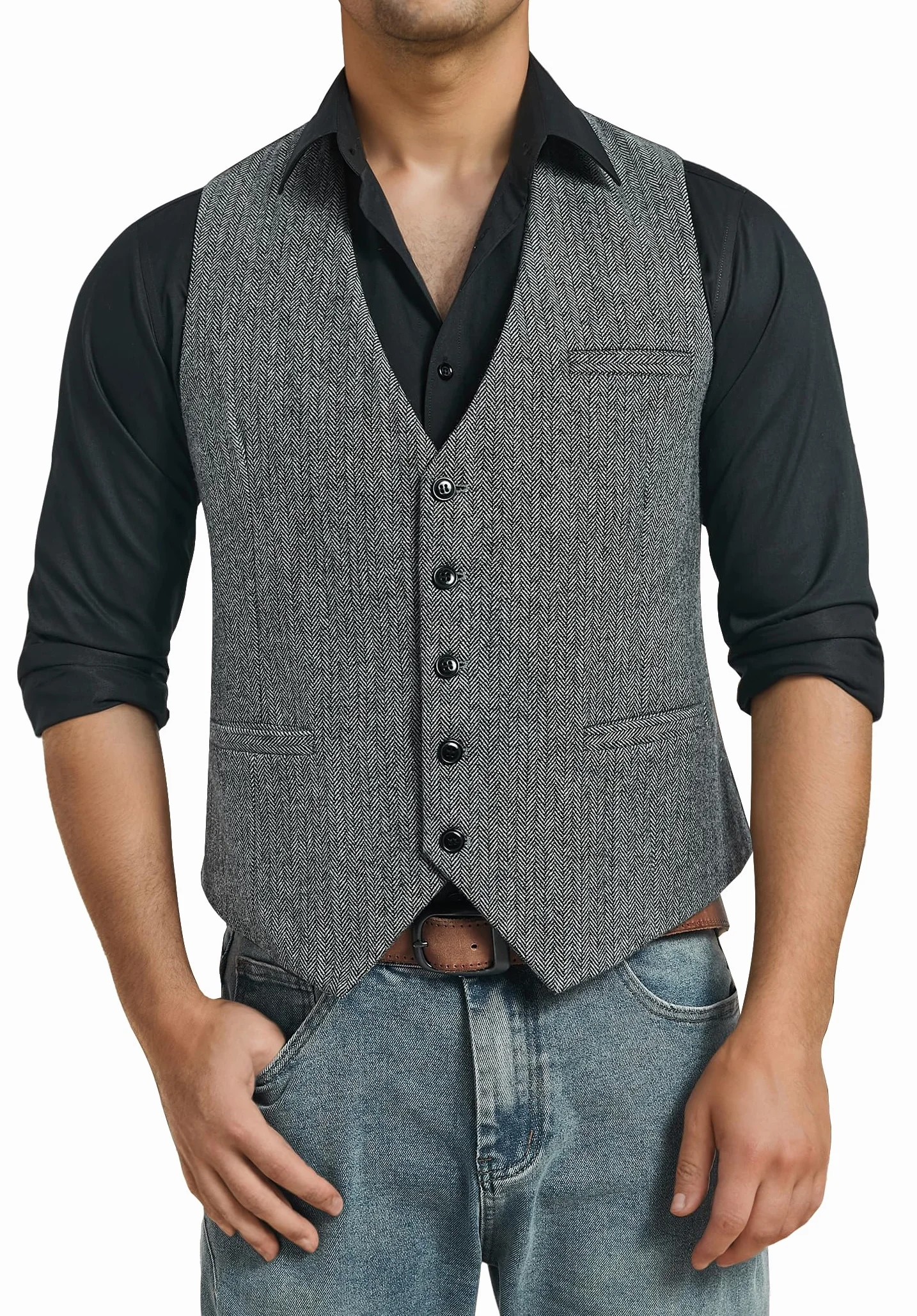 HISDERN Tweed Chaleco Lana Hombres Formal Chaleco Traje