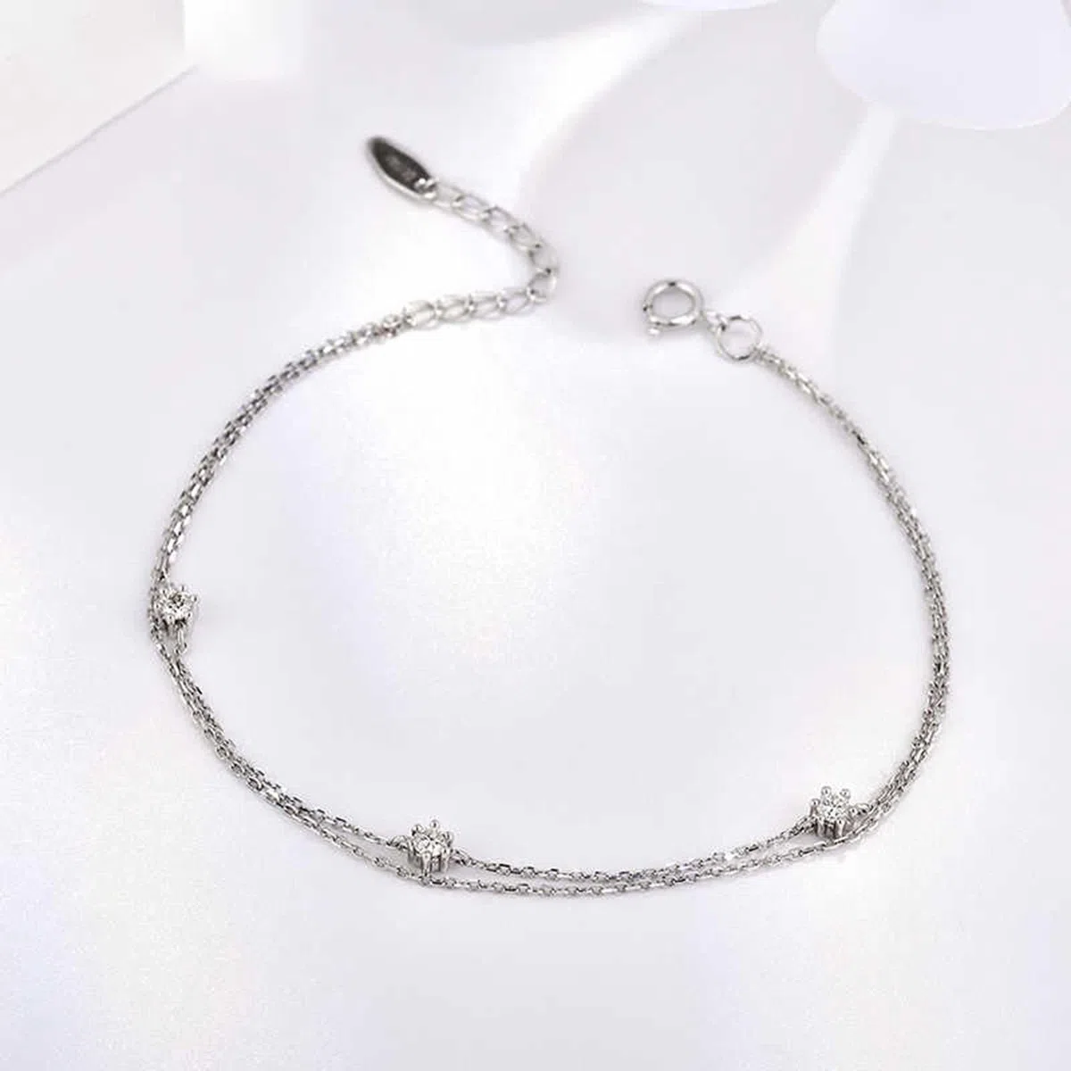 Pulsera de cadena para mujer, pulsera de cadena con diamantes blancos de 0,15 quilates, doble capa, joyería redonda de oro blanco