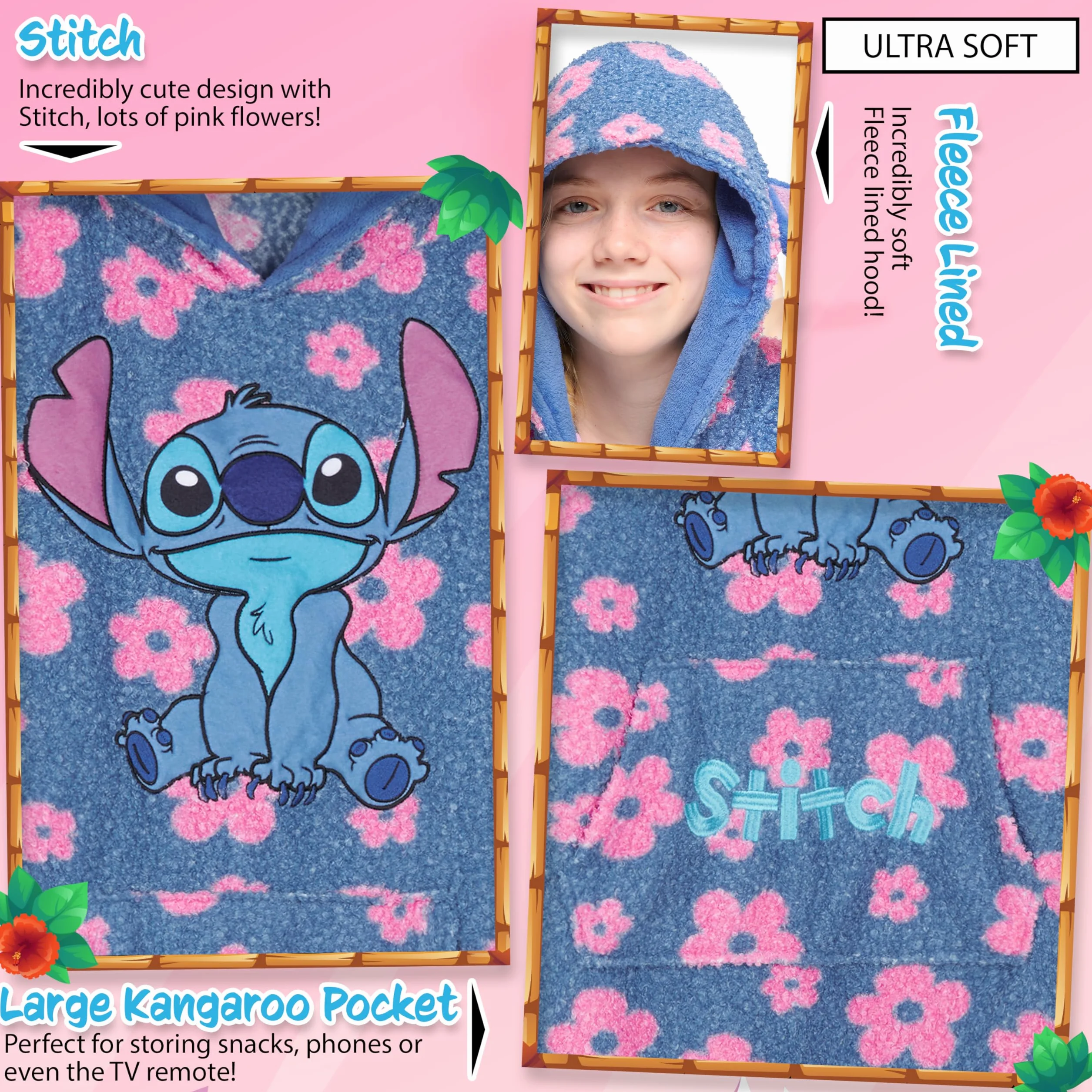 Disney Sudaderas con Capucha para Niña, Sudadera Stitch Niña, Batamanta Infantil, Bata Manta Polar Oversize Ropa para Niñas
