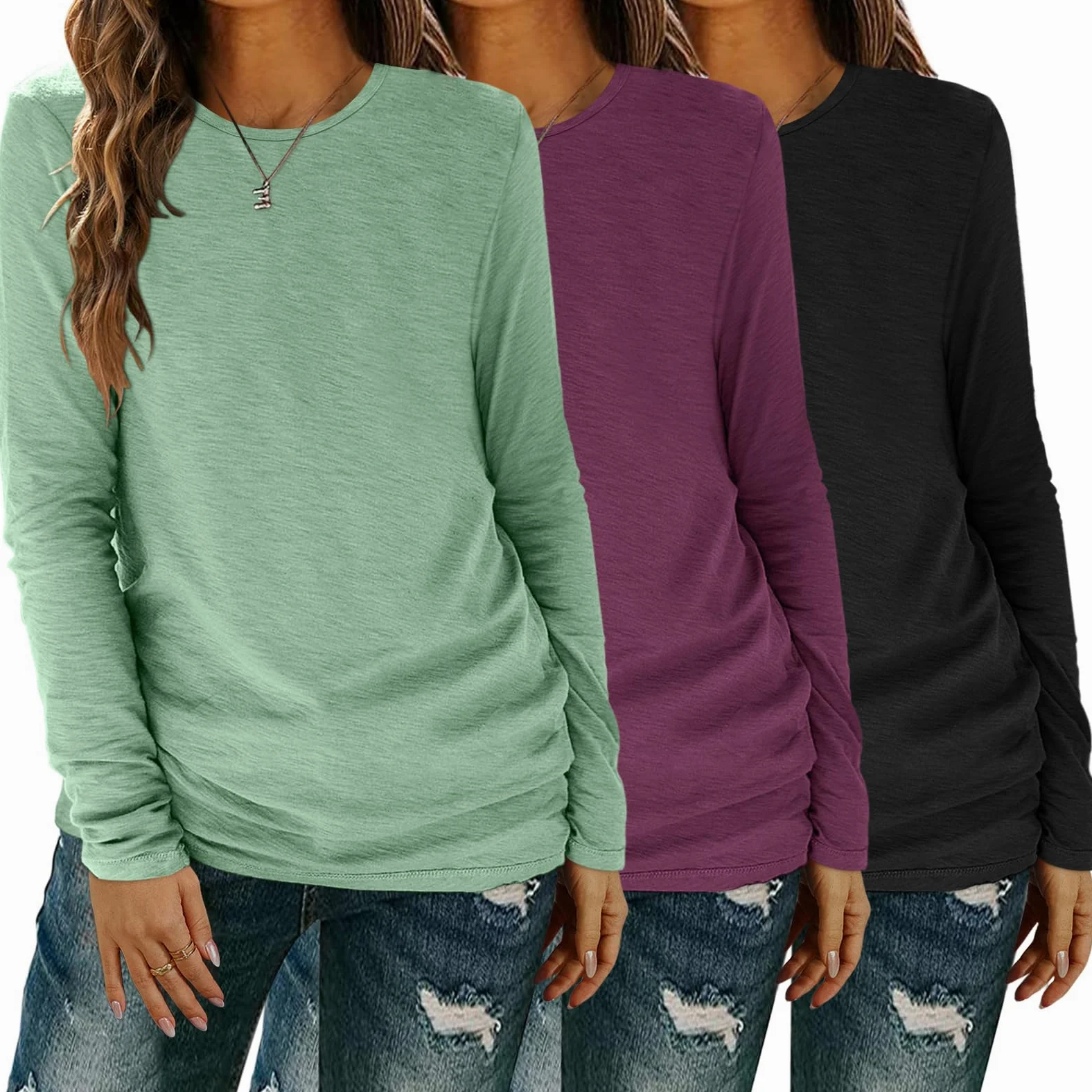 Camisetas de manga larga para mujer, con cuello redondo, básicas, camisetas casuales de primavera