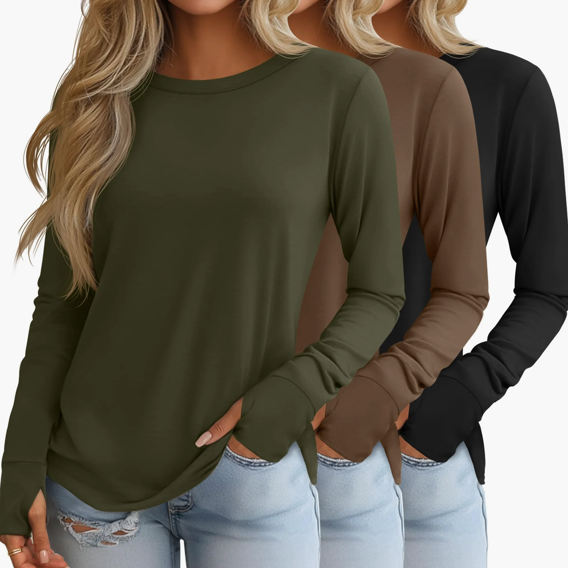 Geyoga Pack de 3 Camisetas de Manga Larga para Mujer con Agujeros para Pulgares, Túnicas Holgadas Informales de Algodón