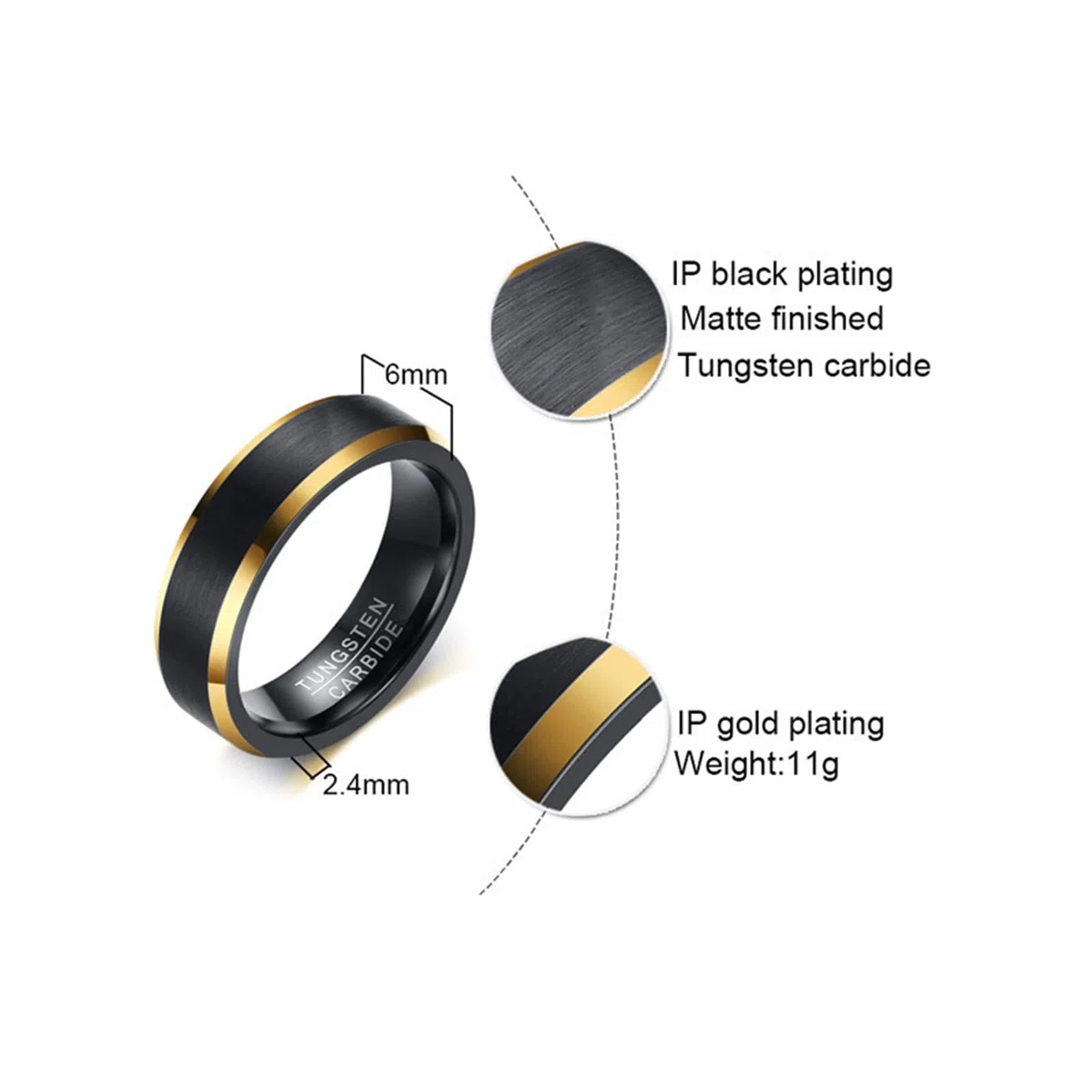 Feng Shui， Juego de Anillos para Parejas Grabados Personalizados, Anillos de Boda de tungsteno para él y Ella, tamaño L 1/2 a Z 1/2, Anillo Cepillado Negro de 6 mm con Borde Dorado