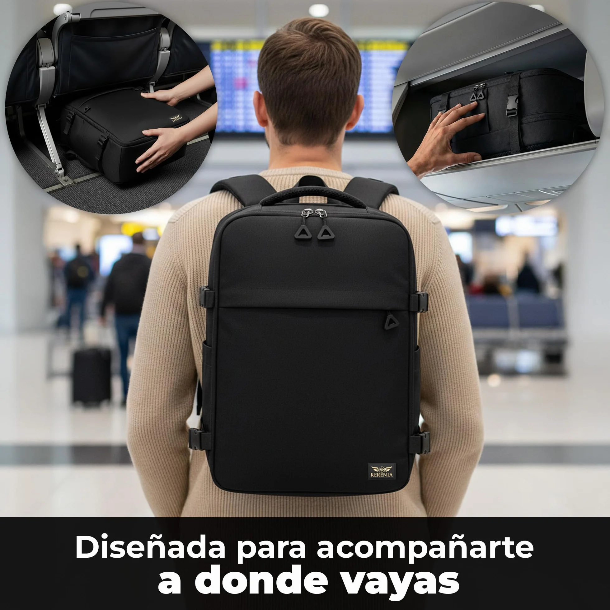 mochila cabina 40x30x20 24L Para Ryanair – equipaje de mano Bajo Asiento, mochila de viaje 40x30x20, Apertura 180º, Antirrobo, Compartimento portátil 15”, Banda Trolley, Diseñada en España.
