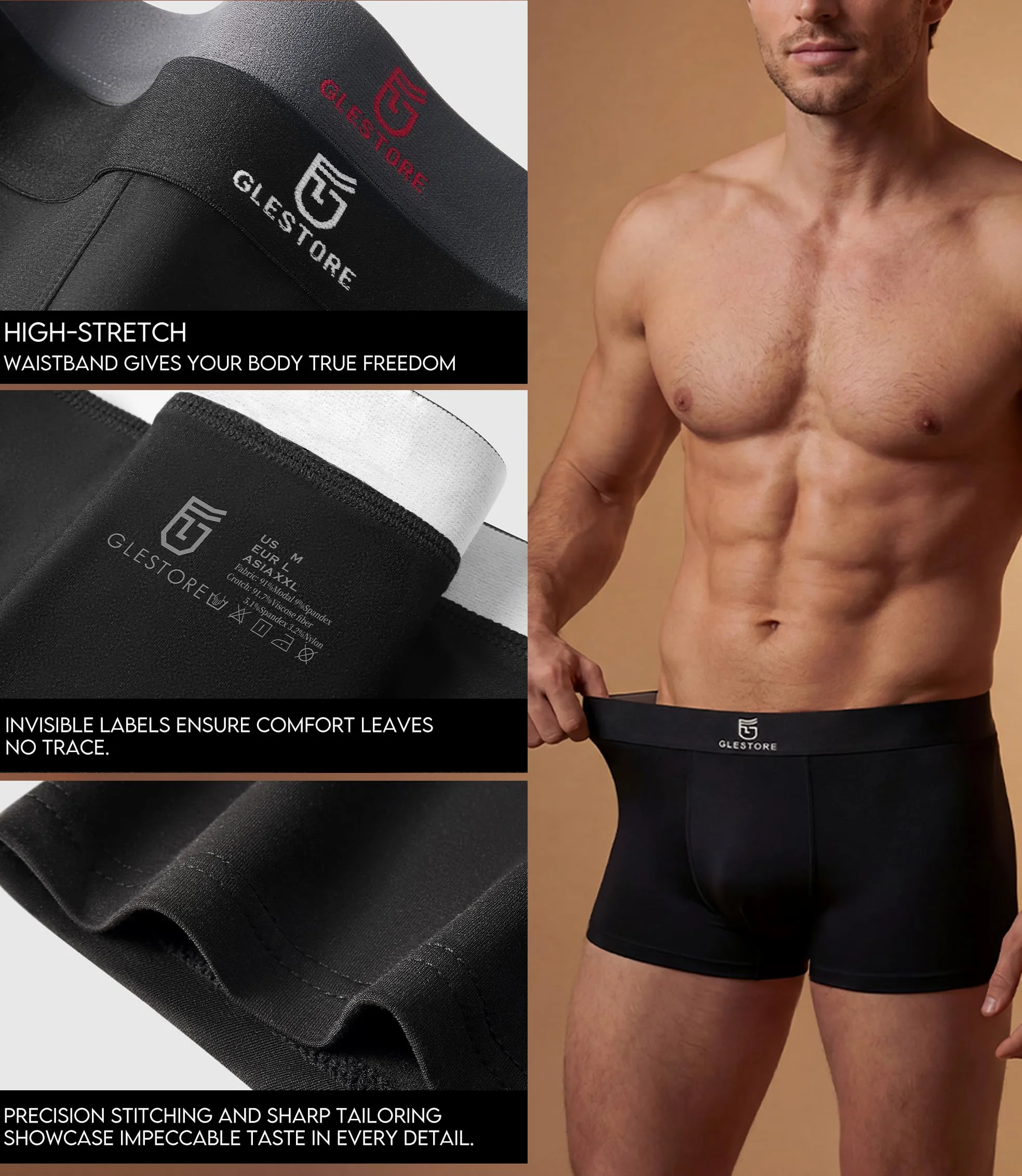 GLESTORE Boxer Microfibra para Hombre Modal Cintura Elasticidad MT0604 Respirador Pack 4/5