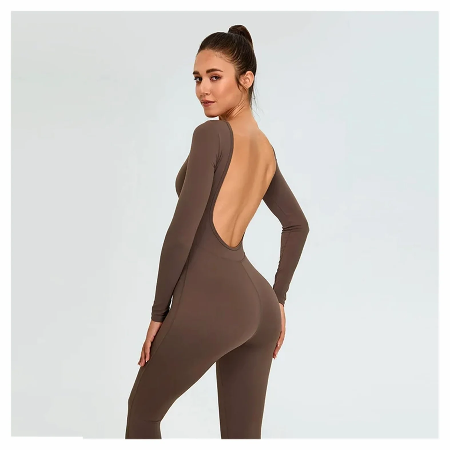 Mono de yoga sin espalda Mono de yoga una pieza con mangas largas y forma U, leggings sexys espalda abierta, ropa entrenamiento for mujer, fitness Para Entrenamiento