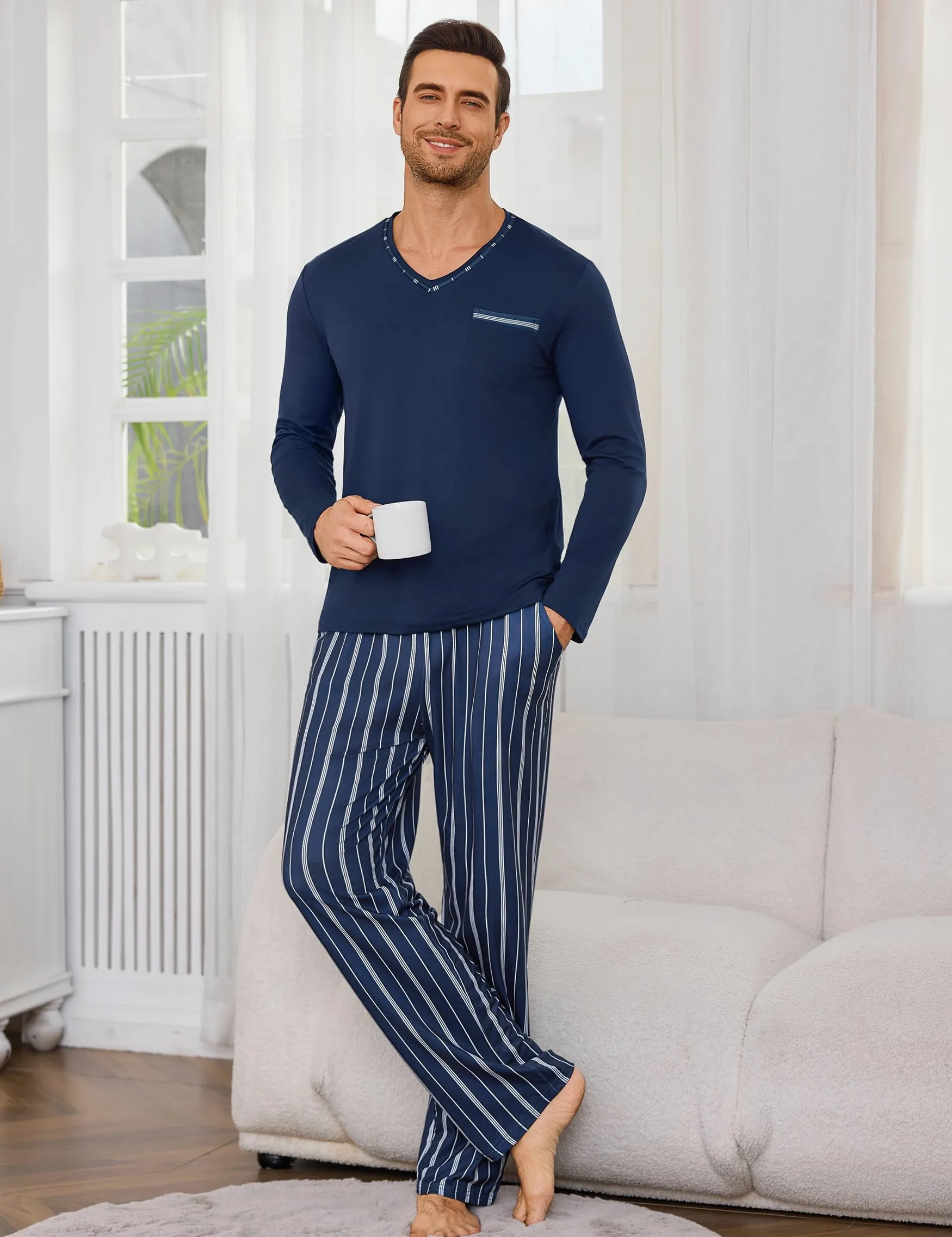 Demegimi Pijamas para Hombre Invierno de Manga Larga Algodón Conjunto de Cuello Redondo Ropa de Dormir 2 Pieza