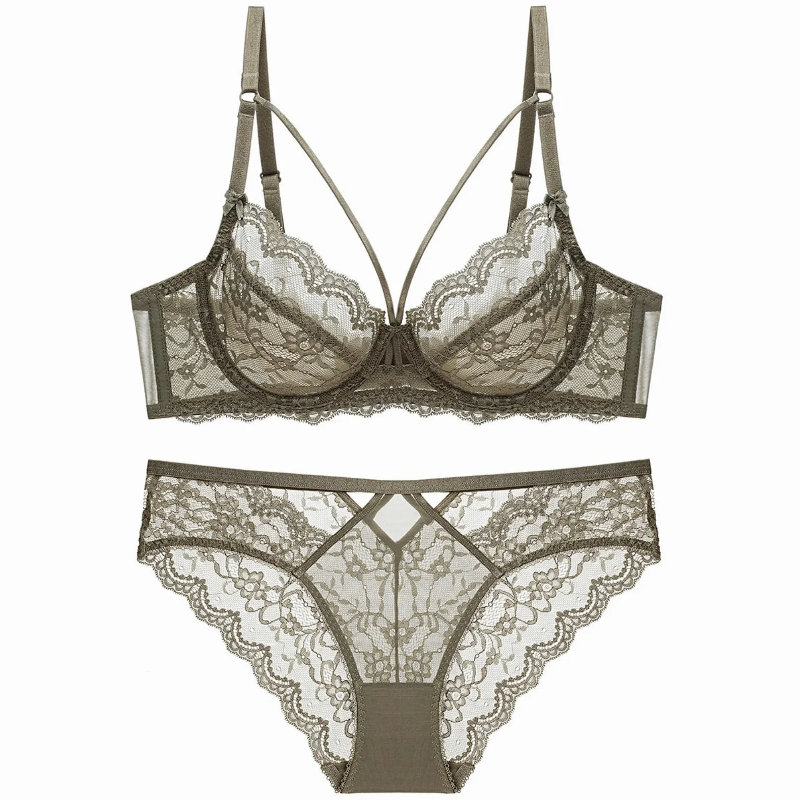 ANTTK - Conjunto de brasier de encaje para mujer, brasier transparente de cobertura completa, brasier push up sin varillas, estilo francés, talla grande, brasier con aros para uso diario