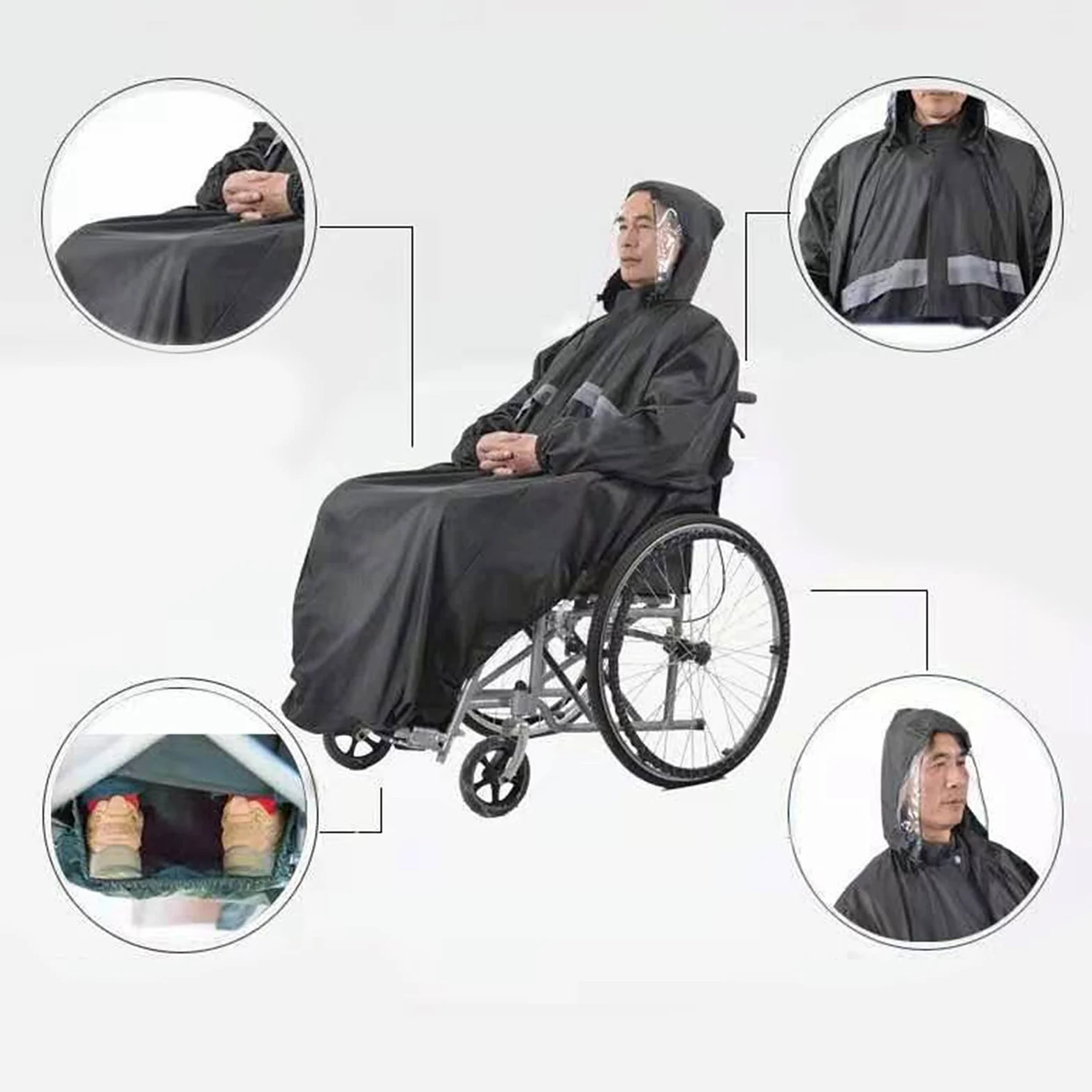 Poncho impermeable para sillas de ruedas, capa de lluvia con manga con capucha, tiras reflectantes, impermeable para ancianos y pacientes