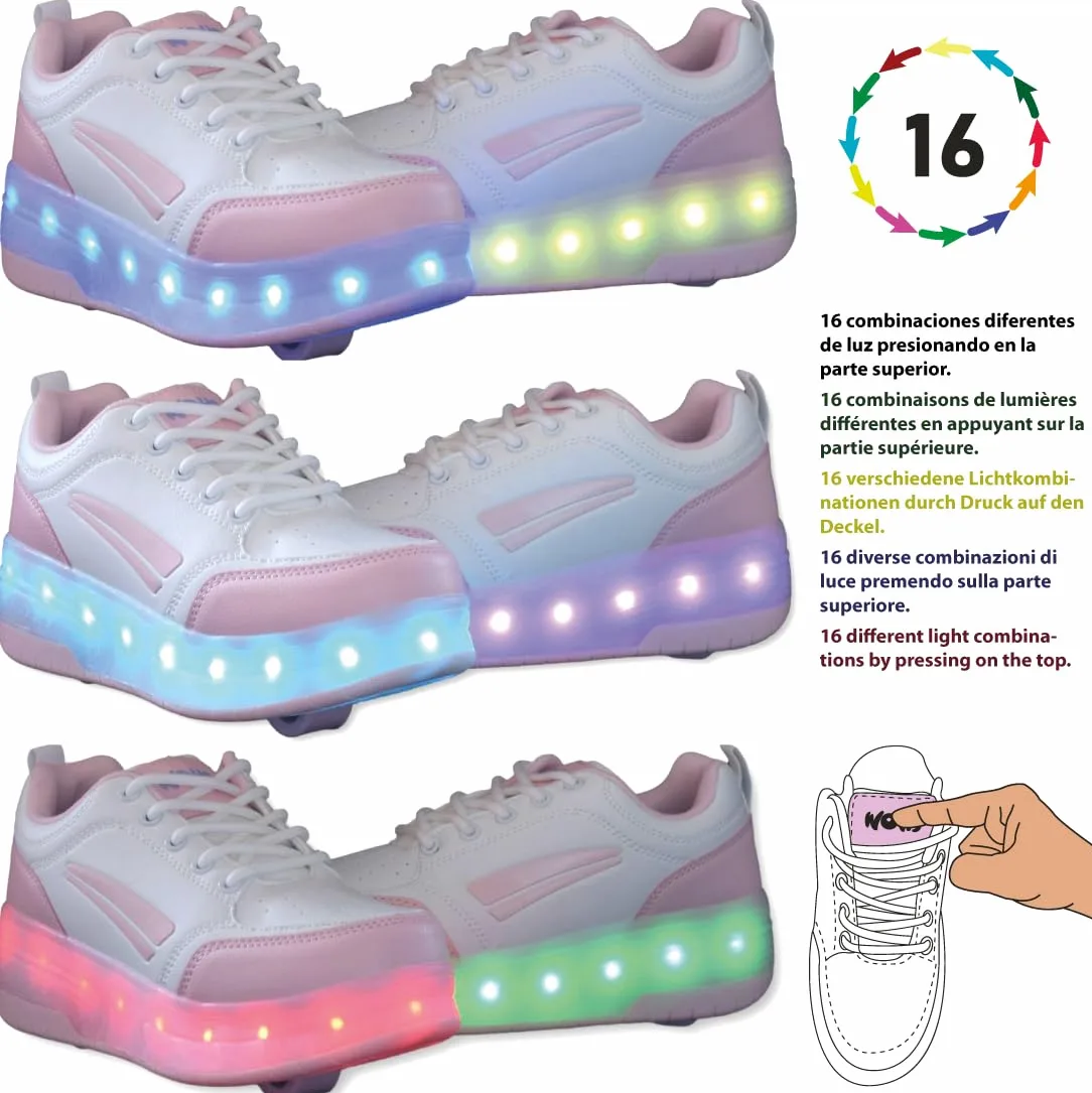Zapatillas Deportivas con Dos Ruedas y Luces LED. Recargables, 16 Efectos de Luces. Rueda Trasera automática. Blanco/Rosa pálido. Talla 34