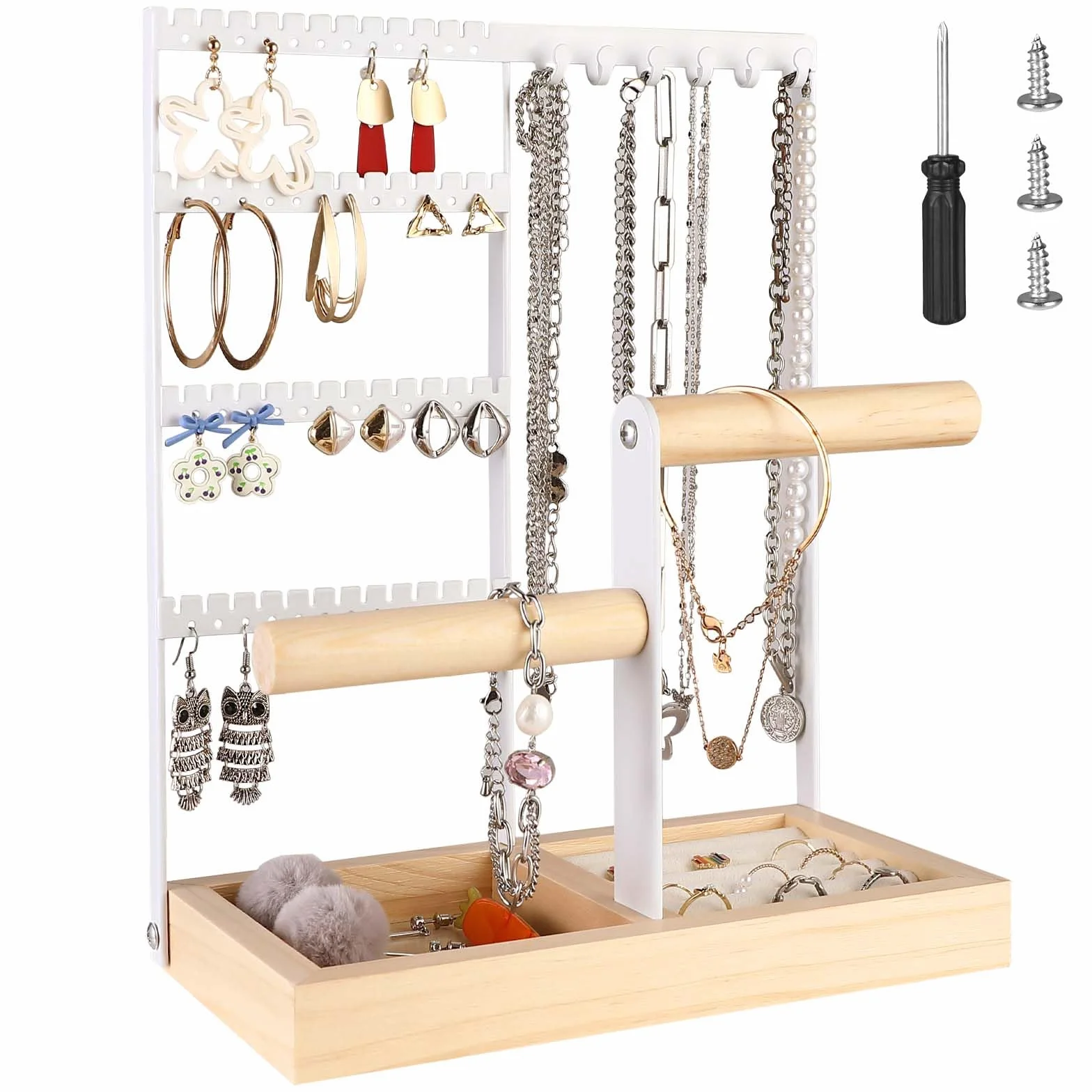 Soporte para joyas, Expositor de Joyas con Bandeja de Madera y Metal para Collares Pulseras Pendientes