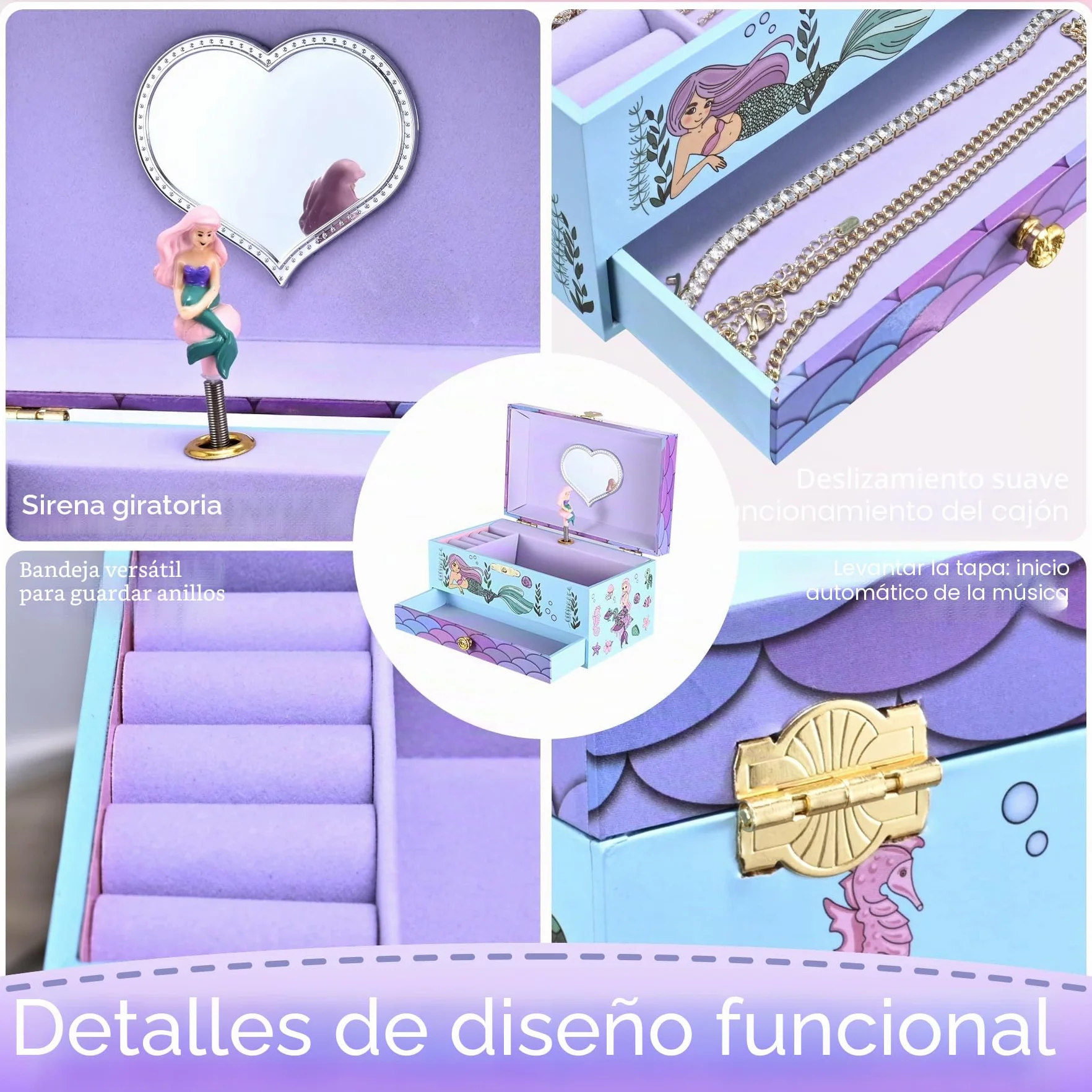Joyero Musical Sirena para Niñas con Sirena Giratoria y Espejo - Regalo Cumpleaños Navidad 3-10 años Violeta
