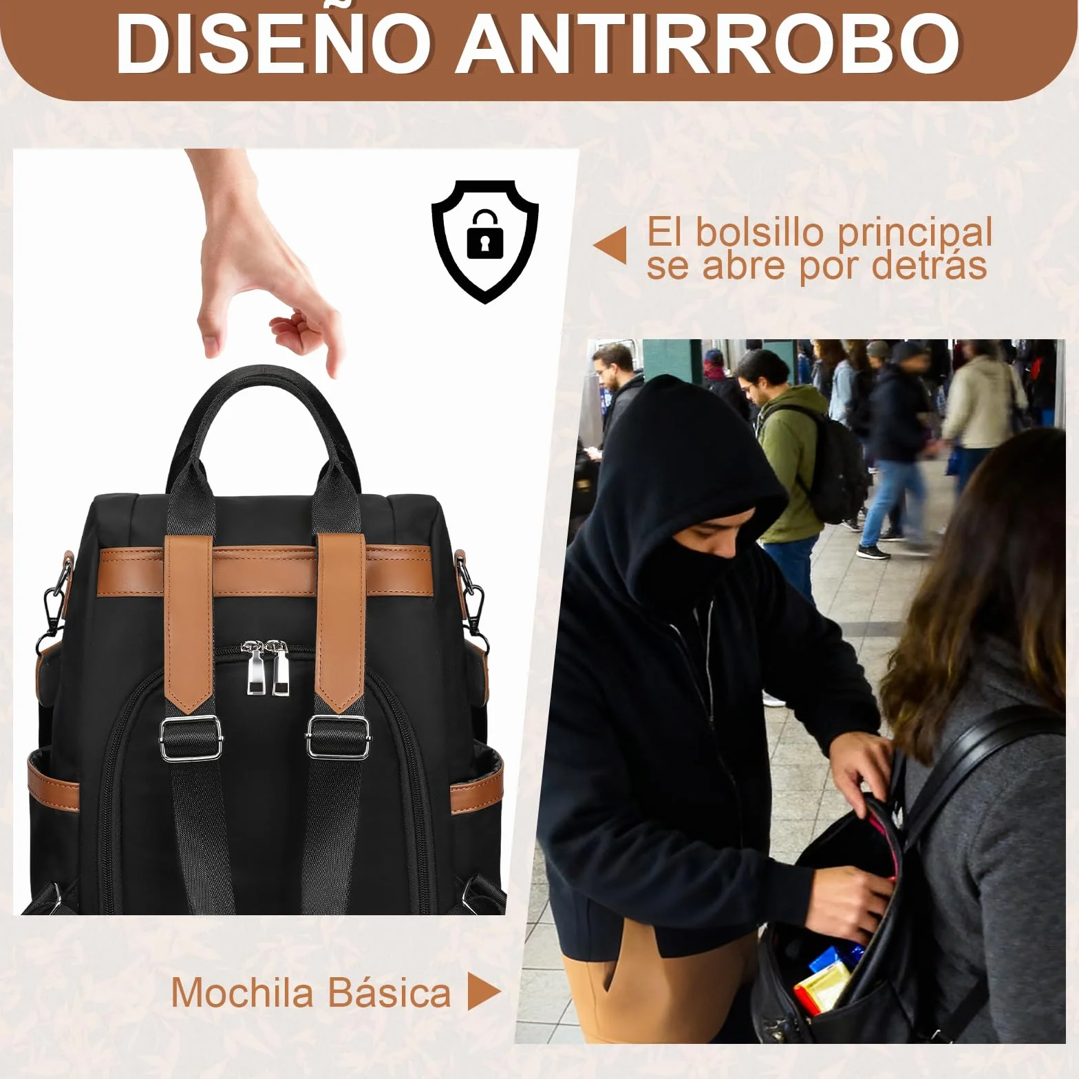 Eshow Mochila Mujer Antirrobo, Bolso Casual con Correa Ajustable y Asa Superior, Bandolera Multifuncional para Uso Diario Trabajo Viaje Escuela Compras y Universidad Negra