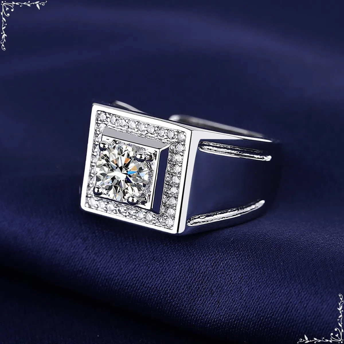 Anillo de compromiso de oro blanco de 9 quilates, 14 quilates y 18 quilates para hombre, ancho con moissanita