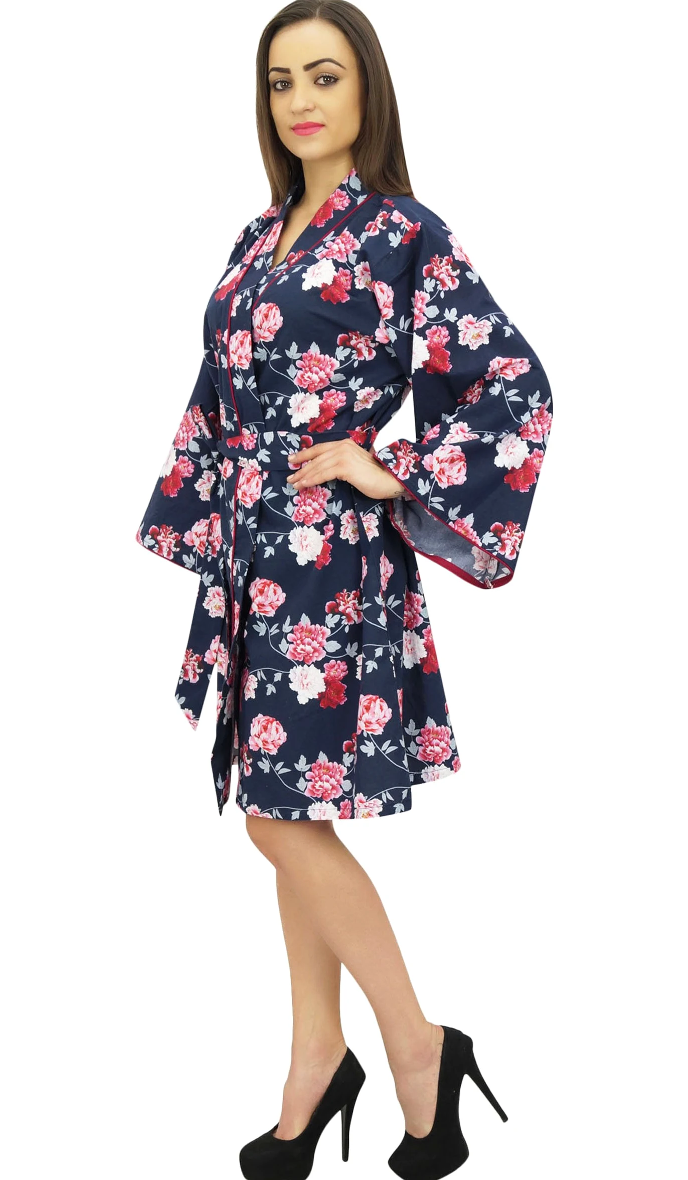 Bimba Mujeres Estampado De Flores De Algodon Popelin Kimono Coverup túnica con Belt - 36