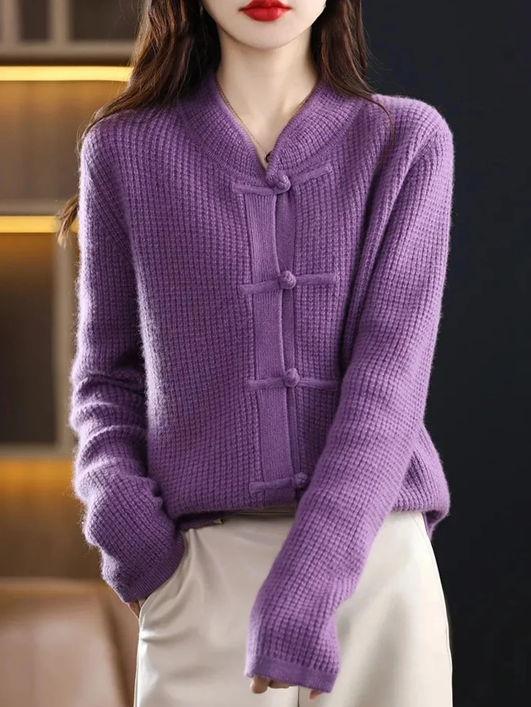 Alloaone Cárdigan de Lana para Mujer Chaqueta de Cachemira Tejida con Cuello Alto