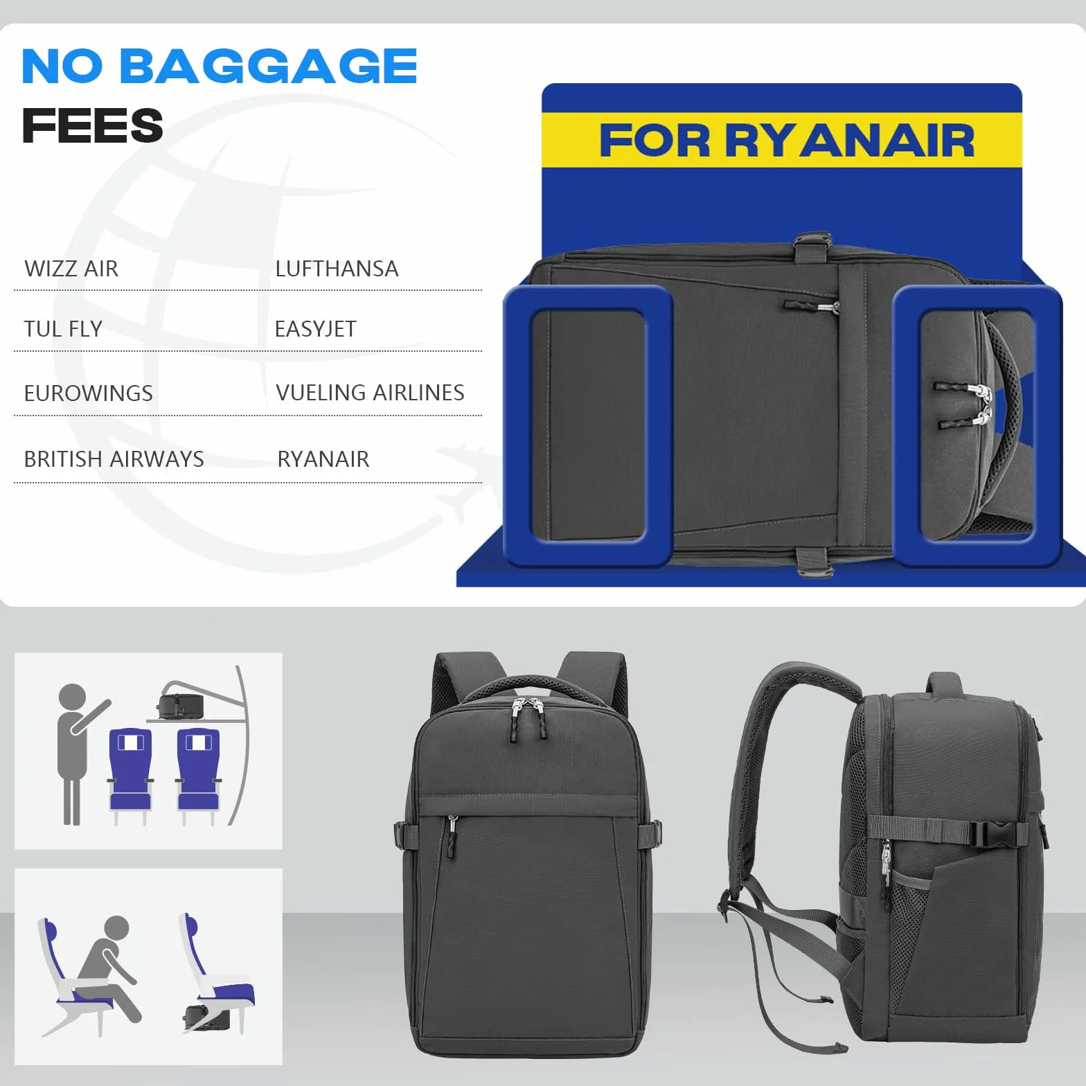 Xkdoai Mochila 40x30x20 Mochila Viaje Cabina Avion para Ryanair Wizz Air Easyjet Equipaje de Mano Bolsa Antirrobo Resistente Al Agua