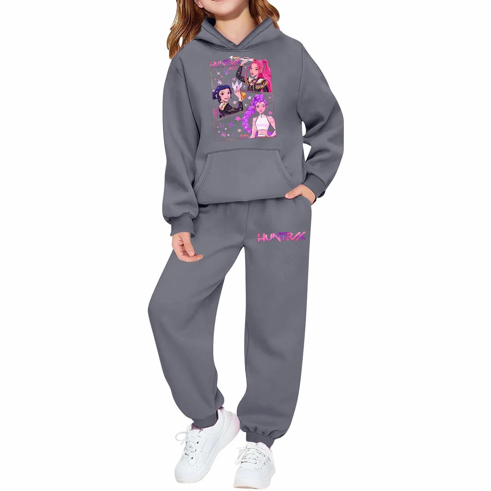 K-K-pop D-Demon H-Hunters 2 Piezas Unisex Niños K-pop Jogging Traje de Ocio Dos Piezas H-Huntrix H-Huntr/X Hip Hop con Estampado Anime Sudadera con Capucha Camiseta Manga Larga Niños Niñas Traje