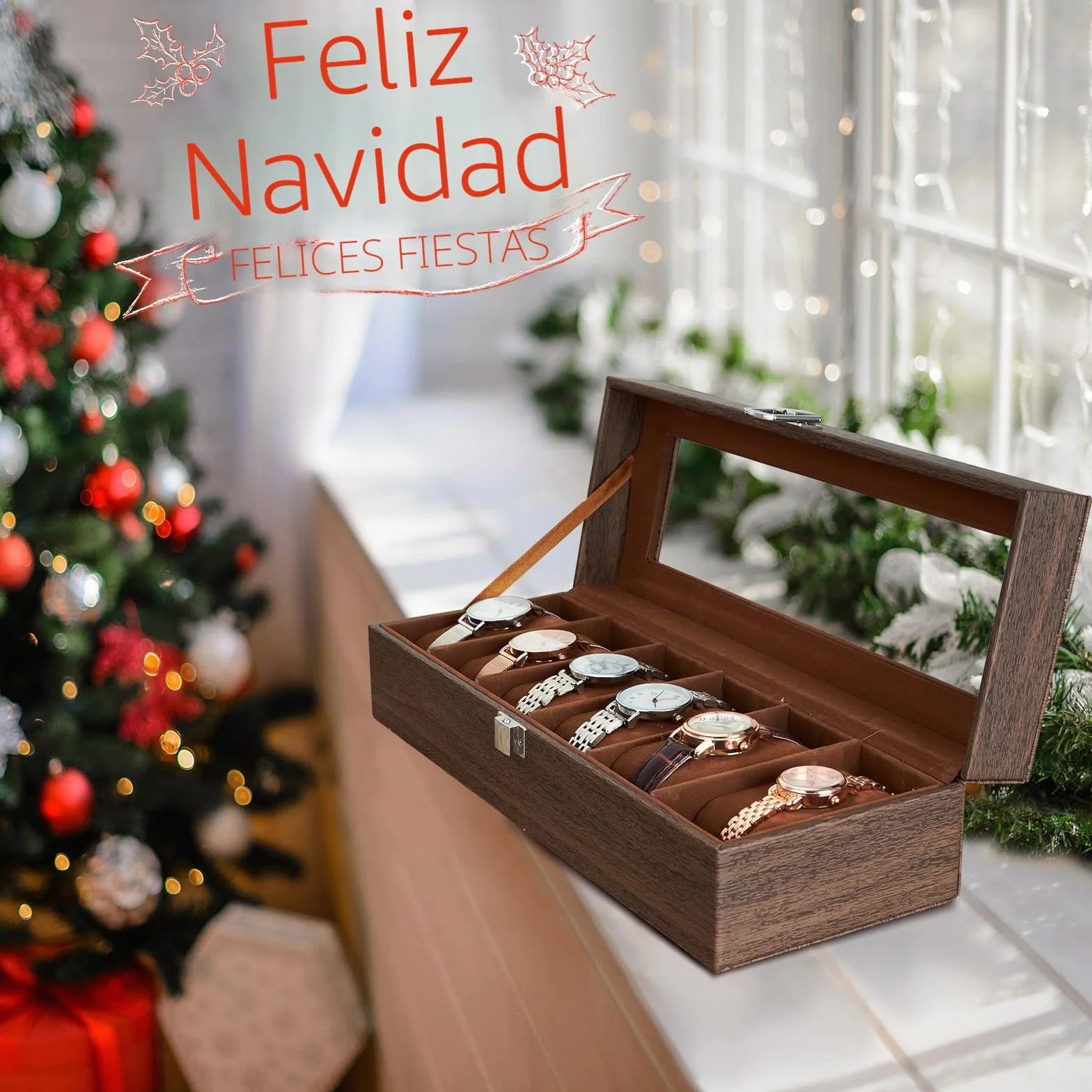 Ohuhu Caja Relojes con 6 Compartimentos, Caja para Relojes con Tapa de Cristal y Cojín Extraíble,Regalo para Cumpleaños Día del Padre Navidad