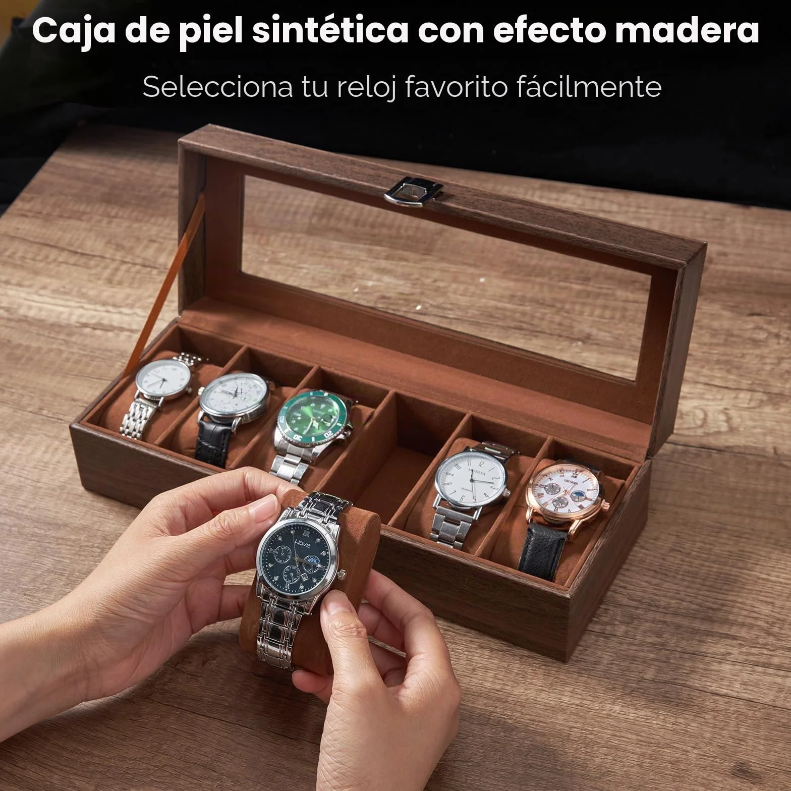 Ohuhu Caja Relojes con 6 Compartimentos, Caja para Relojes con Tapa de Cristal y Cojín Extraíble,Regalo para Cumpleaños Día del Padre Navidad